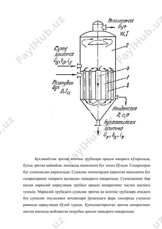 . эритмани қуюқлаштириш пайтидаги иссиқлик эффекти qконц билан ифодаланади. қуюқлаштириш жараёнида иссиқликнинг ютилиши ёки чиқиши содир бўлади. шунга кўра qконц нинг миқдори исиқлик балансининг кириш ёки сарфланиш қисмлари орқали ўз ифодасини топади. агар qконц нинг миқдори анча катта бўлса, у ҳисобга олинади, кам бўлса ҳисобга олинмайди. иссиқликнинг атроф-муҳитга йўқотилиши qй одатда q нинг 3...5% ини ташкил қилади. qй нинг миқдори ортиб кетмаслиги учун буғлатиш аппаратлари тегишли қалиникдаги изоляция қатлами билан қопланади. ( ) тенгламага асосан иситувчи буғнинг сарфини топиш мумкин: агар эритма аввал қайнаш температурасигача иситилиб, сўнгра буғлатиш аппаратига берилса, tб=tк бўлади. qконц ва qй нинг миқдори ҳисобга олинмаса, ( ) тенглама ёрдамида 1 кг сувни буғлатиш учун керак биган иситувчи буғнинг назарий сарфини топиш мумкин: бу ерда iг-c’(=r’ - иситувчи буғнинг кенденсацияланиш иссиқлиги, i-c’’tқ=r - қайнаб турган эритмалардан сувнинг буғланиш иссиқлиги (тахминан r=r’ деб олиниши мумкин). ( ) тенгламага кўра, битта аппаратли буғлатиш қурилмасида 1 кг сувни буғлатиш учун …