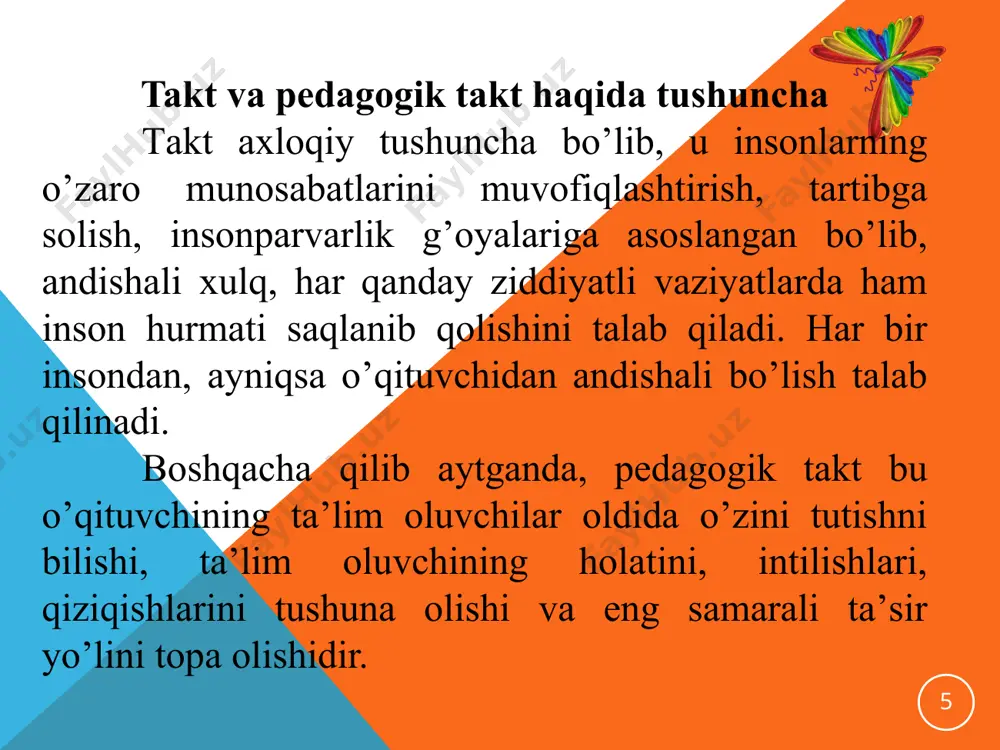 irchanlikka moyil kishilardir. ikkinchisi, introvert shaxslar: ular faqat o‘z ichki olamiga beriluvchan, atrofidagi odamlarga aralashmaydigan, o‘z-o‘zini nazorat qilishga, doimo ichki xavotirga moyil kishilardir. 18 6. o‘qituvchi nazokatida dilkashlik va pedagogik takt o‘qituvchining dilkashligi – uchta tarkibiy qismni birlashtiruvchi jarayondir: muloqotda zaruriyatning mavjudligi; muloqotdan keyin, muloqot paytida, muloqotgacha yaxshi kayfiyat; kommunikativ ko‘nikma va malakalarga ega bo‘lish. yosh o‘qituvchilarning kasbiy-pedagogik dilkashligini o‘rganish dasturi i. o‘zingizda kishilar bilan muloqotga ehtiyoj sezasizmi? yolg‘iz o‘zingiz qolganingizda zerikasizmi, odamlar orasida bo‘lishni istaysizmi, yoki aksincha, yolg‘iz qolishdan qoniqish hosil qilasizmi? ko‘chada tanishingizni ko‘rib qolsangiz, u bilan gaplashish istagi paydo bo‘ladimi, yoki ehtimoliy suhbatdan qochishni istaysizmi? tanish do‘stlaringiz ko‘pmi? nima deb o‘ylaysiz, tanishlaringiz siz bilan muloqotdan zavq olishadilarmi? zaruriyat yuzasidan notanish kishilar bilan oson muloqotga kirisha olasizmi? telefonda uzoq gaplashasizmi (do‘stlaringiz, tanishlaringiz, hamkasblaringizga qaraganda)? sizda ba’zan shunday holat bo‘ladimi: masalan, jamoa bilan doimiy muloqot qilishdan charchagansiz, yolg‘iz o‘zingiz qolishni istaysiz, ammo bir necha soniya vaqt o‘tmasdan, siz yana …