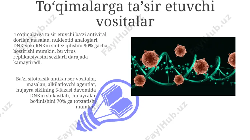 eklips bosqichi, yigʻilish va chiqish. har bir bosqich antiviral preparatlarning maqsadli nuqtasidir. viruslar oʻz dnk yoki rnklarini xujayra ichiga yuborish orqali, hujayra mexanizmlaridan foydalanib, 100 dan ortiq yangi virus zarralarini hosil qiladi. nukleotid analoglari nukleotid analoglarining 30 dan ortiq turlari turli xil viruslarga va saraton turlariga qarshi samarali qo'llaniladi, lekin ularning toksik samaralari ham bo'lishi mumkin. nukleotid analoglari dnk yoki rnk sinteziga xalaqit berish orqali viruslar va saraton hujayralarining ko'payishini to'xtatadi, bunda 50% gacha samaradorlik kuzatiladi. monoklonal antijismlar 01 02 radioaktiv izotoplar yoki sitotoksik dorilar bilan bog'langan monoklonal antijismlar (konjugatlar) o'sma hujayralariga nishonga olingan, maqsadli dorilar yetkazib berishni ta'minlaydi, bu esa sog'lom to'qimalarga ta'sirini kamaytiradi va samaradorlikni oshiradi. sales 1st qtr 2nd qtr 100 0 sales 1st qtr 2nd qtr 100 0 birlashuv inhibitörlari birlashuv ingibitorlari virusning rnk polimerazasiga bog'lanib, virusning ko'payishini 90% gacha kamaytiradi, bu esa virusli infektsiyaning rivojlanishini sekinlashtiradi. ingibitorlarning ic50 qiymati 10 nm dan kam bo'lsa, ular …