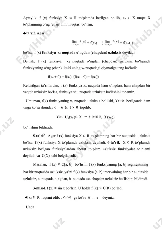 gan funksiyalar ustida arifmetik amallar haqidagi teoremadan kelib chiqadi. masalan, teoremaning v) tasdig‘i quyidagicha isbotlanadi: =. ► 2-misol. f (x) = с, сr bo‘lsin. unda f (x)c(r) bo‘ladi. ◄ haqiqatan ham, ga ko‘ra deyilsa, u holda x, |x - x0 | m - tengsizlik bajariladi. demak, nn da m -f (xn ) bo‘ladi. bu munosabatdan (3) bo‘lishi kelib chiqadi. yuqorida hosil qilingan {xn} ketma-ketlik chegaralangan. undan yaqinlashuvchi qismiy ketma-ketlikni ajratish mumkin. uni {xnk } deylik: k da с1 (с1 [a b, ]). berilgan f (x) funksiyaning uzluksizligidan foydalanib topamiz: k da f () f (с1). ravshanki, { f ()} ketma-ketlik {f (xn)} ketma-ketlikning qismiy ketma-ketligi. demak (6) munosabatga ko‘ra k da f () m bo‘lib, f (c1) = m bo‘lishi kelib chiqadi. xuddi shunga o‘xshash, f (x) funksiyaning eng kichik qiymatga erishishi ko‘rsatiladi. ► 2. bolsano-koshining birinchi va ikkinchi teoremalari. 3-teorema. (bolsano-koshining birinchi teoremasi) faraz qilaylik, f (x) funksiya [a, …