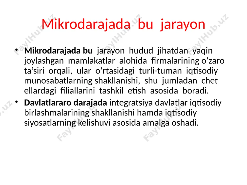 a juda ko‘plab integratsion guruhlar mavjud g‘arbiy yevropada – yevropa ittifoqi (yei); - shimoliy amerikada – erkin savdo to‘g‘risida shimoliy amerika bitimi (nafta); - osiyo-tinch okeani mintaqasida – janubiy-sharqiy osiyo mamlakatlari assotsiatsiyasi (asean). erkin savdo to‘g‘risida shimoliy amerika bitimi (nafta) erkin savdo to‘g‘risida shimoliy amerika bitimi (nafta) 1994 yildan boshlab amalda bo‘lib, o‘z ichiga aqsh, kanada va meksikani qamrab oladi. bu mamlakatlarning o‘zaro savdo va kapital harakati asosidagi iqtisodiy aloqalarining miqyoslarini quyidagi ma’lumotlar orqali tasavvur etish mumkin: aqshda kanada eksportining 75-80% (yoki kanada yammning 20%) sotiladi. kanadadagi to‘g‘ridan-to‘g‘ri xorijiy investitsiyalar tarkibida aqshning ulushi 75%dan, kanadaning aqshdagi ulushi esa 9%dan ortiq. aqshga meksika eksportining 70%dan ortig‘i yo‘naltirilib, aqshdan meksikaga 65% import kelib tushadi. erkin savdo to‘g‘risida shimoliy amerika bitimi erkin savdo to‘g‘risida shimoliy amerika bitimi (nafta)ning asosiy jihatlari quyidagilardan iborat: barcha bojxona to‘lovlarini bekor qilish; meksika moliya bozorida aqsh va kanada banklarining faoliyatini erkinlashtirish; meksikadagi shimoliy amerika kapital qo‘yilmalari uchun shart …