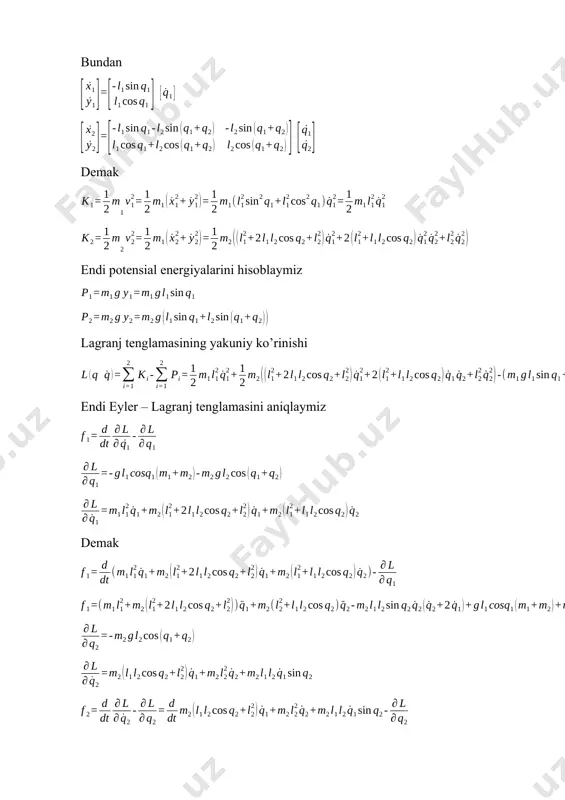 di; - kritik nuqtalar va harakatning optimal parametrlari belgilandi. 3. modelni tasdiqlash: - modellashtirish natijalari tajriba ma’lumotlari bilan solishtirindi; - matematik modelning haqiqiy obyektga mosligi tasdiqlandi; 4. amaliy qo‘llanishi: - olingan natijalar ekzoskelet tuzilishini maqbullashtirish imkonini beradi; - ishlab chiqilgan model tizimning xatti-harakatini oldindan aytib berish uchun foydalanilishi mumkin; - ekzoskelet harakatini samarali boshqarish uchun zarur bo‘lgan ko‘rsatkichlar aniqlandi. natijalarning grafik tahlili nazariy hisob-kitoblar va tajriba ma’lumotlarining bir-biriga yaxshi mos kelishini ko‘rsatdi, bu esa ishlab chiqilgan matematik modelning ishonchliligini tasdiqlaydi. рис. 2. график угла отклонения звеньев рис. 3. график угловой скорости и углового ускорения звеньев image7.png image8.png image9.png image1.png image2.png image3.png image4.png image5.png image6.png