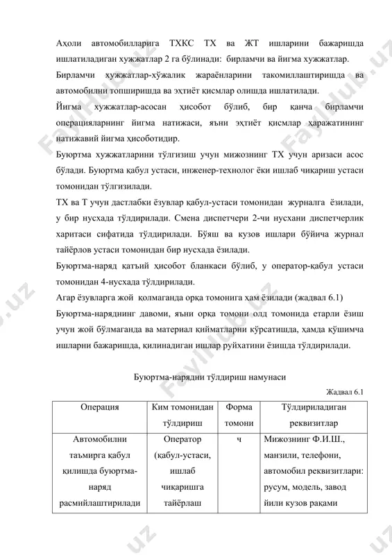 ч,о буюртмачидан қабул қилдим, ишлар руйхати имзо билан тасдиқлайди автомобилни ишлаб чиқаришга қабул қилиш, топшириқни бериш. бажарувчи (бригадир) ч,о ишлаб чиқаришга қабул қилдим имзо материаллар ва эҳтиёт қисмлар олиш ишлаб чиқариш устаси (бригадир, комплектовири, омбор бошлиги) имзо имзо бажарилган ишлар, бажарилган иш ҳақи бажарувчи бригадир нормировҳик ч,о ч,о ч,о имзо имзо ҳисоб-китоб қилдим, имзо автомобилни топшириш охирги ҳисоб-китоб, расмийлаштириш кассир ч,о охирги суммани квитанция бўйича ҳисоб-қилдим, имзо, штамп сана, аппарат нусхаси техник-назорат устаси (қабул устаси) ч,о штамп отк имзо бу ерда: ч - чап томони о - орқа томони +абул – топшириш далолатномаси «___» __________200__ й. форма 6.1 тхкс-________________ буюртмачи_____________________ транспорт воситаси_________________ ажратиш рақами № буюртма наряд русум модел давлат рақами двигател рақами кузов рақами йил ва ой чиққани босиб ўтган йўли, км. транспорт воситасини комплектини кўриб чиқиш натижаси. ташқи томонини кўриб чиқиш. комплект харита (+ бор). 1. ойнак тозалагич. 2. тозалагич шёткаси. 3. фаралар. 4. антана. 5. ташқи ойна. …