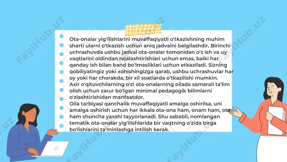 muhim, ota-onalarning baholari va istaklari uchun zarur anketalarni oldindan tayyorlash oqilona; bularning barchasi keyinchalik aks ettirish mavzusiga aylanadi. tahlil mavzusi xuddi shu tarzda shaxsiy suhbat uchun qolgan ota-onalarning shaxsiy tarkibi, yig'ilish paytida ota-onalarning savollari, ota-onalarning tashqi qiyofasi, yo'qligi sabablari, ota- onalarning ishtirokida bo'lishi kerak ota-onalar yig'ilishi natijalari to'g'risidagi ma'lumotlar ma'muriyatga etkazilishi kerak. morgan maxwell ceo boshlash asosiy talab - suhbatning boshlanishi qisqa, samarali va mazmunan aniq bo'lishi kerak. bu erda bir nechta maslahatlar mavjud. yaxshi o'ylab ko'ring va nutqingizning dastlabki 2-3 jumlasini qog'ozga yozing. ular tushunarli hayajoningiz fonida ham iloji boricha xotirjam va ravshan bo'lishi kerak. o'zingizni to'g'ri tanishtiring (agar bu sizning birinchi uchrashuvingiz bo'lsa). qisqacha, lekin sizning ota-onangiz oldida sizning obro'ingiz va ahamiyatingizning asosini tashkil etadigan sizning bolalaringiz bilan bog'liq holatingiz va rolingizning ushbu jihatlarini ta'kidlab o'ting. kim chun hei ceo https://fayllar.org/gerodotning-hikoyasi-qisqacha.html hech qachon ularni kechirim bilan boshlamang, hatto uchrashuv boshlanishi kechiktirilgan bo'lsa ham, bir- birining ustiga chiqishlari va …