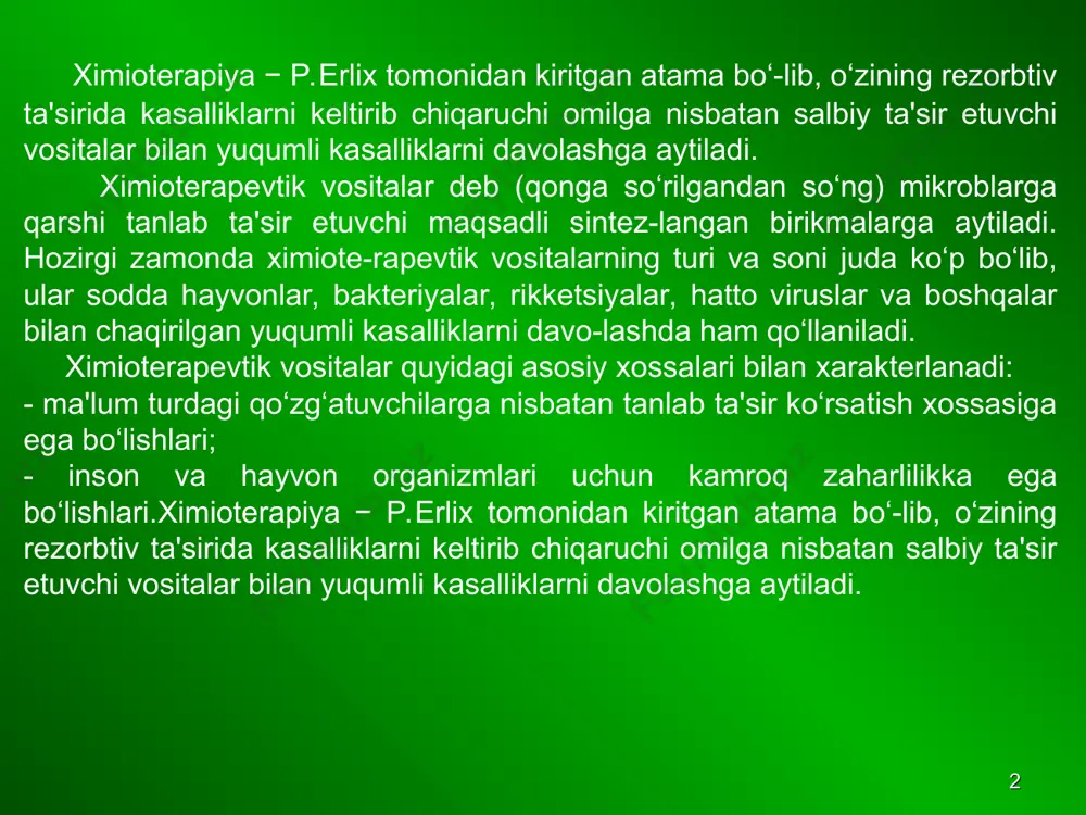 lok bo‘lmagan mikro-organizmlar yana ko‘payishi va shu tufayli ularda ushbu vositaga adaptatsiya, rezistentlik rivojlanishi mumkin (orttirilgan rezistentlik). 6. davolashni ikki va undan ko‘proq, ta'sir mexaniz-mi turlicha bo‘lgan ximioterapevtik vositalar bilan o‘tkazilsa, orttirilgan rezistentlikning rivojlani-shiga yo‘l qo‘yilmagan bo‘ladi. 7. preparatlarni kiritishning samarador yo‘lini tanlash kerak, chunki ba'zi preparatlar miy da yomon so‘riladi, ba'zilari get dan o‘tmaydi va hokazo. * 1. antibiotiklar 2. sulfanilamidlar 3. xinolon unumlari 4. har xil kimyoviy tuzilishga ega bo‘lgan sintetik antibakterial vositalar 5. zahmga (sifilis) qarshi vositalar 6. silga (tuberkulez) qarshi vositalar antibakterial ximioterapevtik vosi- talar quyidagi guruhlardan iborat: * antibiotiklar antibiotiklar − biologik kelib chiqishga ega bo‘lgan kimyoviy birikmalar bo‘lib, mikroorganizmlarga tanlab shikastlovchi va halok etuvchi ta'sir ko‘rsatadigan modda-lardir. ular l.paster ta'rifi bo‘yicha antibioz deyilib, birinchi marta ingliz olimi a.fleming tomonidan 1929 yilda tasodifan penitsillin topilgan. 1940 yilda x.v. flori va e.b.cheyn uni toza holda ajratib olgan. hozirgi kunda antibiotiklarning soni va turi juda ko‘p, ular …