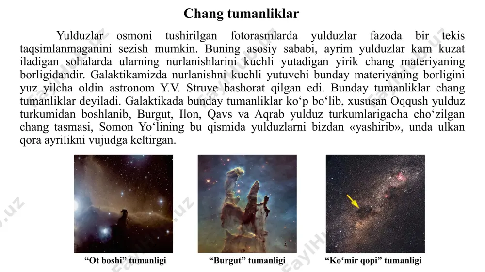 an farq qiladi? diffuz tumanliklarning nurlanishiga sabab nima? “koʻmir qopi” tumanligi haqida nimalar bilasiz? “ot boshi” tumanligi haqida nimalar bilasiz? “burgut” tumanligi haqida nimalar bilasiz? “rozetka” tumanligi haqida nimalar bilasiz? “orion” tumanligi haqida nimalar bilasiz? “laguna” tumanligi haqida nimalar bilasiz? “omega” tumanligi haqida nimalar bilasiz? planetar tumanlikka misollar keltiring. rasmli keys bu keys orqali o’quvchilarning tumanliklar haqidagi tasavvurlari shakllanadi va rivojlantiradi. rasmda bugungi kunda eng zamonaviy, koinotda joylashgan habbl teleskopi yordamida olingan tumanliklar surati tasvirlangan. o’quvchilardan rasmdagi tumanliklarning turini ya’ni chang, diffuz yoki planetar tumanlik ekanliklarini to’g’ri topishlari talab etiladi. joiz bo’lsa, internet ma’lumotlaridan foydalaning. bu keys orqali mavzu umumlashtiriladi. image1.png image2.jpg image3.png image4.jpeg image5.jpeg image6.jpg image7.jpg image8.jpg image9.jpeg image10.jpeg image11.png image12.png image13.png image14.png image15.png image16.png image17.png image18.png image19.png image20.jpg image21.png image22.jpg image23.png image24.png image25.png image26.png image27.png /docprops/thumbnail.jpeg