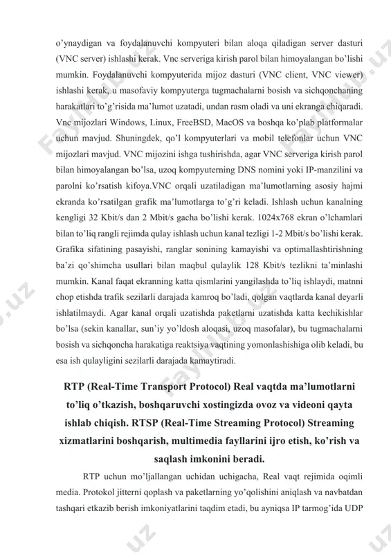 ba’zi qo’shimcha usullari bilan maqbul qulaylik 128 kbit/s tezlikni ta’minlashi mumkin. kanal faqat ekranning katta qismlarini yangilashda to’liq ishlaydi, matnni chop etishda trafik sezilarli darajada kamroq bo’ladi, qolgan vaqtlarda kanal deyarli ishlatilmaydi. agar kanal orqali uzatishda paketlarni uzatishda katta kechikishlar bo’lsa (sekin kanallar, sun’iy yo’ldosh aloqasi, uzoq masofalar), bu tugmachalarni bosish va sichqoncha harakatiga reaktsiya vaqtining yomonlashishiga olib keladi, bu esa ish qulayligini sezilarli darajada kamaytiradi. rtp (real-time transport protocol) real vaqtda ma’lumotlarni to’liq o’tkazish, boshqaruvchi xostingizda ovoz va videoni qayta ishlab chiqish. rtsp (real-time streaming protocol) streaming xizmatlarini boshqarish, multimedia fayllarini ijro etish, ko’rish va saqlash imkonini beradi. rtp uchun mo’ljallangan uchidan uchigacha, real vaqt rejimida oqimli media. protokol jitterni qoplash va paketlarning yo’qolishini aniqlash va navbatdan tashqari etkazib berish imkoniyatlarini taqdim etadi, bu ayniqsa ip tarmog’ida udp uzatish paytida keng tarqalgan. rtp sizga multicast ip-manzil orqali ma’lumotlarni bir nechta yo’nalishlarga uzatish imkonini beradi. rtp ip tarmoqlarida audio / …