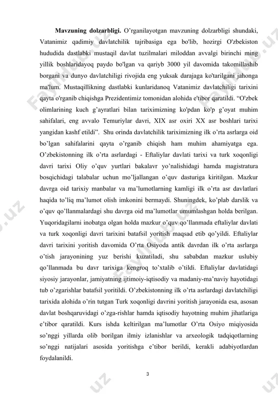 ’zbekistonning ilk o’rta asrlar davriga oid bo’lgan davlatchilik tarixiga nazar. 2. v-viii asrlarda ilm-fan rivoji va tarqqiyot yo‘lida bosib o‘tgan qiyinchiliklarini va yutuqlarini yetarlicha ma'lumot berish. 3.barcha masalalarni mujassamlashtirgan holda xulosalash va mantiqiy yakun yasash. kurs ishining strukturasi. kurs ishining strukturasi ya’ni tuzilishiga kelsak, kurs ishi kirish, asosiy qism, ikkita bob, xulosa, foydalanilgan adabiyotlar ro’yxati va ilovalardan iboratdir. shuningdek, har ikki bob o’z navbatida bir necha bo’limlarga bo’lingan. eftaliylar davlatlari — o’rta osiyo va unga qo’shni mamlakatlarda milodiy 5-asr o’rtasida barpo etilgan davlatlar: 1) o’rta osiyodagi eftaliylar davlati milodiy 5-asr oxiri — 6-asr boshida ravnaq topib, uning hududi hozirgi afg’onistonning katta qismi, o’rta osiyo va sharqiy turkistonning sharqiy va jan.sharqiy viloyatlarini o’z ichiga olgan. poytaxti balx hisoblanadi. uning asosiy negizini baqtriya toxariston tashkil etgan. shu yerdan turib eftaliylar qo’shni mamlakatlarga yurishlar qilganlar. eftaliylar sosoniylar eroni ustidan bir qancha janglarda zafar quchgan, janglardan birida sosoniylar shahanshohi peroz halok bo’lgan. u ko’p …