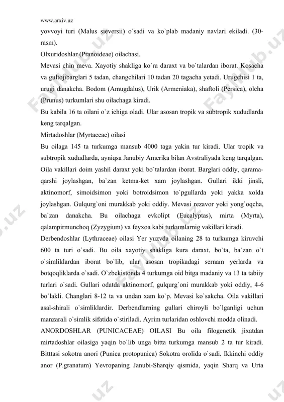 ilasi bu oila filogenetik jixatdan mirtadoshlar oilasiga yaqin bo`lib unga bitta turkumga mansub 2 ta tur kiradi. bitttasi sokotra anori (punica protopunica) sokotra orolida o`sadi. ikkinchi oddiy anor (p.granatum) yevropaning janubi-sharqiy qismida, yaqin sharq va urta osiyoda tarqalgan. o`zbekistonda oddiy anor tabiiy xolda xam o`sadi. ikkala tur xam buta yoki kichik daraxtdan iborat. gullari aktinomorf, ikki jinsli. gulqurg`oni murakkab, gultoji qizil rangli. mevasi anor meva. oddiy anor mevali va manzarali o`simlik sifatida ekiladi. u o`zbekiston qizil kitobiga kiritilgan. kipreydoshlar (onagraceae) oilasi bu oila vakillari yer sharining xamma mintaqalarida o`sadi. ularning 27 turkumga mansub 700 turi bo`lib, o`zbekistonda 4 turkumga oid 14 turi o`sadi. bu oilaga xayotiy shakliga ko`ra asosan o`t o`simliklardan tashkil topgan. o`zbekistondagi oilaning yirik turkumlaridan biri kiprey (epilobium). uning gullari aktinomorf, kosachasi naychali, gultojbargi 4 ta, urug`chisi 8 ta. mevasi qalami ko`sakcha. bu qabilaga daraxt, bo`ta, liana, ko`p yillik va bir yillik o`tlar kiradi. ular yer sharida keng …