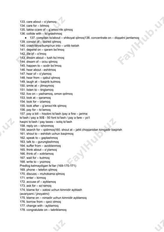 jo’natmoq 186. point at – ko’rsatmoq 187. aim at – nishonga olmoq 188. prefer to – afzal ko’rmoq 189. protect from/against – saqlamoq 190. provide with – ta’minlamoq 191. regard as – hisoblamoq 192. remind of – eslatmoq 193. remind about – eslatmoq 194. sentence to – hukm qilmoq 195. spend on - sarflamoq 196. throw at – tashlab yubormoq 197. throw to – uloqtirmoq 198. translate from/into – tarjima qilmoq 199. warn about/of/against – ogohlantirmoq 200. by accident – tasodifan 201. by mistake – adashib 202. by chance – to’satdan 203. a play by shakespeare – sheksper asari204. a painting by rembrandt – rembrandt rasmi 205. a novel by tolstoy – tolstoy romani 206. get on – minmoq 207. drive off – jo’nab ketmoq 208. come back – ortga qaytmoq 209. turn round – burilmoq 210. look forward to – intizorlik bilan kutmoq 211. keep up with – xabardor …