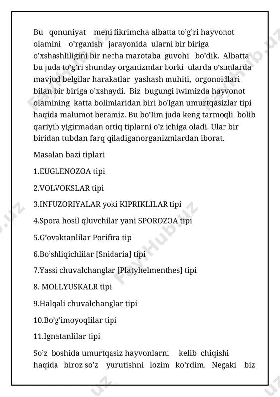 ng soniga baravar blostomerlar hosil boladi. uning vegetativ teshikchasi bolib ular keyinchaklik yo’qolib ketadi va koloniya shar shakllida bolib qoladi. bunday rivojlanayotgan individlarga aylanadi . biz yuqorida bayon qilgan uruglanmasdan yani partenigenez usulida kopayadi. volvikslar orasida ikki jinsli va ayrim jinsli turlari uchraydi . jinsiy ko’payishda urgochi koloniya mokrogonudiylar mikrogonidiylarda kochib otadi . makrogametalar koloniyaning markaziy qismida hosil bo’ladi. natijada hosil bo’lgan zigota qalin po’st bilan qoplanadi va tashqi muhitga chiqadi suvda suzib chiqadi . qulay sharoitda ulardan yangi organizmchalar hosil bo’ladi. u bahorda rivojlanib yangi koloniyani hosil qiladi. yana bitta tip bilan tanishamiz bu tip infuzoriyalar tipi bo’lib bu tip boshqa tiplarda ancha farq qiladi. negaki bu tip hozrgi qadar krltirgan sinflarimizdan tubdan farq qiladi yani tuzilishi bir qancha ulardan murakkabroq. ham morfologik ham fiziologik tomonlama u boshqa sinflardan farq qiladi. infuzoriyalar yok i kipriklilar tipi deb ha ataladi bularning tipik vakili tufelka. u misolida bu sinf vakillar i …