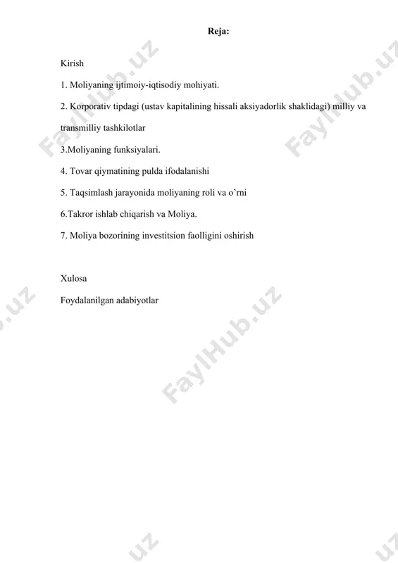 idan 7 milliard dollargacha oshirish va davlat ulushi boʻlgan tijorat banklarida transformatsiya jarayonlarini yakunlash, 2026-yil oxiriga qadar bank tizimi aktivlarida xususiy sektor ulushini 60 foizga yetkazish koʻzda tutilmoqda. bunda tijorat banklarida transformatsiyani jadallashtirish, subsidiyali kreditlashdan voz kechish, ularning moliyaviy vositachi sifatidagi rolini oshirish orqali davlat ulushiga ega tijorat banklarini faol ravishda zamonaviy institutlarga aylantirish ishlari koʻzda tutilgan. 1.moliyaning ijtimoiy-iqtisodiy mohiyati moliyaviy munosabatlarning ilk shakllari insoniyat taraqqiyotining quldorlik jamiyati bosqichida jamiyatning sinflarga bo’linishi va davlatning vujudga kelishi bilan bog’liq ravishda paydo bo’ldi. muayyan hududda boshqaruv organi sifatida davlatning vujudga kelishi uning hokimiyat apparatini moddiy jihatdan ta’minlash, jamoat tartibini saqlash, mamlakatni himoya qilish, urush harakatlarini olib borish, ijtimoiy ob’ektlar va yo’llar qurish kabi vazi-falarni bajarishi uchun ma’lum darajada pul mablag’lari ham bo’lishini taqozo eta boshladi. xuddi shu holat o’z navbatida jamiyatda moliya paydo bo’lishini iqtisodiy zaruriyatga aylantirdi. demak, davlatchilik tizimining vujudga kelishi moliyaning paydo bo’lishi uchun asosiy sabab bo’lib xizmat qildi. moliya …