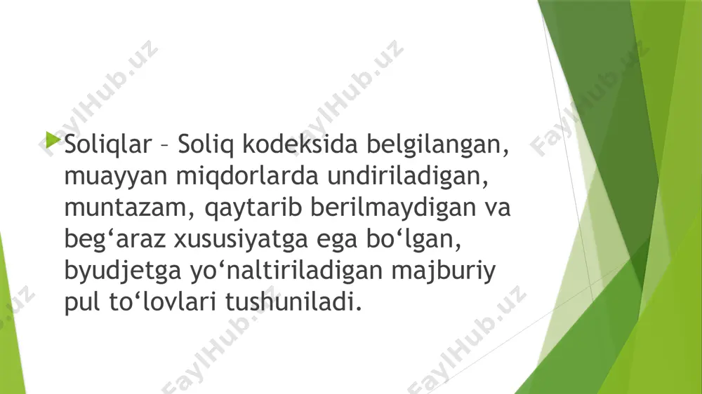 1) aylanmadan olinadigan soliq; 2) maxsus iqtisodiy zonalar ishtirokchilariga va ayrim toifadagi soliq to‘lovchilarga soliq solishning alohida tartibi; 3) o‘zbekiston respublikasining ayrim hududlarida soliq solishning alohida tartibi. soliq to‘lovchilar ushbu kodeksga muvofiq zimmasiga belgilangan soliqlar hamda yig‘imlarni to‘lash majburiyati yuklatilgan yuridik va jismoniy shaxslar soliq to‘lovchilar deb e’tirof etiladi. soliq to‘lovchilarning huquqlari soliq to‘lovchilar quyidagi huquqlarga ega: soliq organlaridan va boshqa vakolatli organlardan (ularning vakolatlari doirasida) amaldagi soliqlar to‘g‘risida, soliq to‘g‘risidagi qonunchilikdagi o‘zgarishlar haqida, soliqlarni hisoblab chiqarish va to‘lash tartibi to‘g‘risida axborotni, soliq hisobotining va arizalarning shakllarini, shuningdek ularni to‘ldirish tartibi haqida tushuntirishlarni bepul olish; o‘z soliq majburiyatlarini bajarish yuzasidan soliq organlarida va boshqa vakolatli organlarda mavjud bo‘lgan ma’lumotlarni olish; kodeksda belgilangan asoslar mavjud bo‘lganda va tartibda soliq imtiyozlaridan foydalanish yoxud ulardan foydalanishni rad etish; soliqlar, penyalar va jarimalarning ortiqcha to‘langan yoki ortiqcha undirilgan summalarini o‘z vaqtida hisobga o‘tkazish yoki qaytarish; kodeksda belgilangan tartibda va shartlarda soliqlarni to‘lashni kechiktirish yoki …