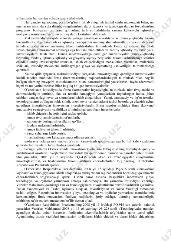 r xizmat qiladi. kichik raqobat muhitida ishlab chiqarish va xizmat ko’rsatish sohalarida investitsiya ishlab chiqarishni yangi texnika va texnologiyani qo’llash asosida tashkil etishni, xizmat ko’rsatish sohasida yangi, avval qo’llanilmagan xizmat turlarini nazarda tutadi. innovatsiya tushunchasi yangi maxsus turlarni mavjud ishlab chiqariladigan mahsulotni almashtiruvchi, uning o’rnini bosuvchi yangi mahsulotni ishlab chiqarishni ham anglatadi. kuchli raqobat muhitida yangi texnika va texnologiyalarni qo’llash asosida yangi mahsulotni, yangi bozorga olib chiqishni ham bildiradi. investitsiya kashfiyotlar asosida fan va texnika sohasida yangi bilimlarni qo’llashga kiritilishini, yangi ilg’or texnika va texnologiyalarni yaratilishini, ularni ishlab chiqarish va xizmat ko’rsatish sohalarida qo’llanilishini, ular asosida yangi tovar va xizmatlarni yaratilishini va ular hisobiga raqobatni kuchaytirishni, yangi bozorni egallashni ham anglatadi. innovatsiya an’anaviy va yangi ilm-fan sig’imi yuqori bo’lgan tarmoq sohalarida iqtisodiy o’sishni va raqobatbardoshlikni doimiy ravishda ta’minlovchi zaruriy vosita sifatida namoyon bo’ladi. innovatsiyaning asosiy xususiyatlari: · ilmiy-texnik yangilik; · amaliy qo’llanilishi; · tijoriy amalga oshirilishi, ya’ni bozorda ma’lum darajada …