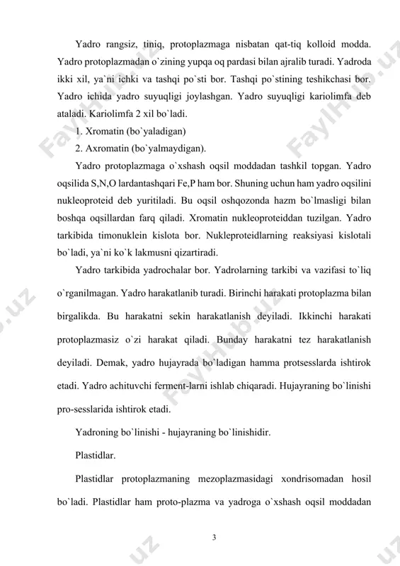 g kattaligi o`rta hisobda 1-12 m bo`ladi. bitta hujayrada 20 tadan 100 tagacha uchraydi. plastidlar 2 ta gruppaga bo`linadi: 1. leykoplastlar - rangsiz plastidlar. 2. xromotoformlar - rangli plastidlar. xromatoformlar o`z navbatida 2 ga bo`linadi: 1. xloroplast 2. xromoplast. xloroplast xromoplast xloroplast - xloro - yashil rang ma`nosini bildiradi. xloroplast tarkibida yashil rang beruvchi xlorofil pigmentini saqlaydi. xloroplast o`simliklarning yer ustki qismida uchraydi. xloroplastni birinchi marta fransuz farmatsevt plyatye m.s. o`tgan asrning 90 - yillarida yashil rang beruvchi xlorofil pigmenti 2 ta pigmentdan tashkil topganligini ko`rsatadi: 1. xlorofil «a» s55n72o5 4m 2. xlorofil «b» s55n70o6 4m xlorofil «a» to`q yashil, xlorofil «b» sarg`ish yashil rang beradi. xlorofil murakkab efirga kiradi. xlorofil gulli o`simliklarda yumaloq doira shaklida bo`lganligi uchun xlorofil donachalari deb yuritiladi. xlorofillning kattaligi o`rta xisobda 3-10 m gacha bo`ladi. har xil o`simlikning hujayrasida xlorofil donachalarining soni turlicha bo`ladi. xlorofil donachalari hujayrada 20,40,60 ba`zan 100 tagacha bo`lishi mumkin. xlorofil faqat …