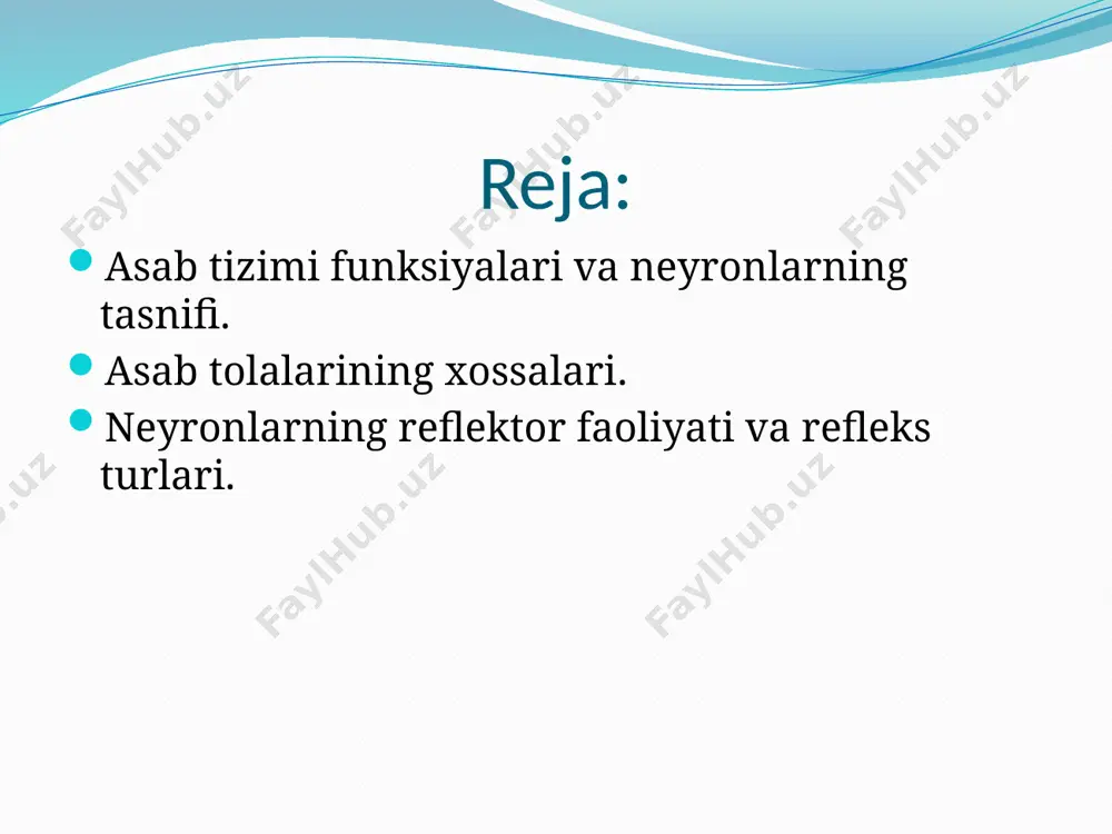tseptorni hosil qiladi. bu o’siq periferiyadati qo’zg’alish impulslarini olib ketadi. reseplor neyronning ikkinchi o’sig’i orqa miyaga yoki uzunchoq miyaga kiradi. markaziy asab tizimining effektor neyronlari periferik a’zo va to’qimalarga impulslar yuboradi. effektor neyronlaming uzun aksonlari qo’zg’alishni periferiyaga o’tkazadi. effektor neyronlarning ba’zilari skelet mushaklariga beradigan harakatlantiruvchi asab tolalarini hosil qiladi; bunday neyionlar motoneyronlar, yoki harakatlanliruvchi neyronlar deb ataladi. kontakt, yoki oraliq, kiritma neyronlar markaziy asab tizimida joylashgan bo’lib retseptor va effektor asab hujayralarini bir-biriga bog’laydi. ular yuzaga chiqaradigan samaraning xarakteriga qarab, qo’zg’atuvchi va tormozlovchi neyroolarga bo’linadi. asab tolasi, har bir lirik to’qima singari, qo’zg’alish va ta’sirotni o’kazish xususiyatiga ega. agar mushak bilan birlashgan asabning biror joyi elektr toki bilan ta’sirlanadigan bo’lsa, asab qo’zg’alib, qo’zg’alishni mushakga o’tkazadi va natijada mushak qisqaradi. asab tolasining asosiy xususiyatlari quyidagilardan iborat: 1. asab tolasi qo’zg’alishni o’tkazish uchun butun bo’lishi kerak. asabni kesish yoki uni qattiq bog’lash natijasida asabdan qo’zg’alish o’tmay qoladi. asabning butunligi buzilgandagina emas, uning …