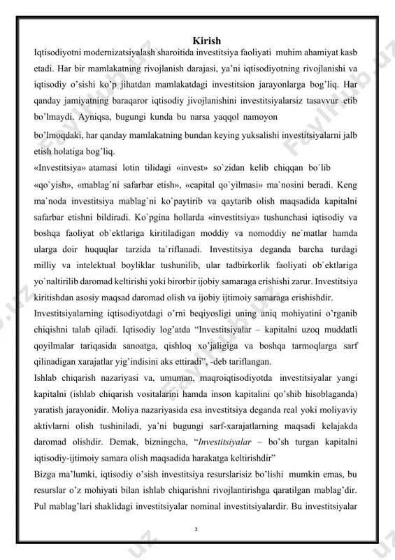 fondga investitsiyalar asosan kapital qoyilma ko’rinishida amalga oshirilishi mumkin, hamda yangi qurilishga, kengaytirishga, rekonstruksiyaga va faoliyat ko’rsatayotgan korxonalarni texnik qayta jihozlashga, uskunalar, loyiha uchun zarur xom-ashyoni sotib olishga qilinadigan xarajatlar yig’indisidir. iqtisodiy fanlar va amaliyotda «investitsiya» va «kapital qo’yilma» terminlari ma‘nodosh ya‘ni sinonim so’zlar emasligini ko’p bora ta‘kidlab o’tilmoqda. investitsiyalar kapital qo’yilmaga nisbatan ancha keng ma‘noga ega tushuncha ekanligi isbotlangan. g’arb adabiyotlarida investitsiya termini haqida so’z borganda birinchi e‘tibor fond bozorlari va birjalarga qaratiladi, chunki yetakchi rivojlangan mamlakatlarda investitsiyalar, asosan, qimmatli qog’ozlar ko’rinishida bo’lib asosan shu shaklda amalga oshiriladi. investitsiya tushunchasiga yagona va to’liq tarif berish anchagina qiyin hisoblanadi. iqtisodiy fanlarda va amaliy faoliyatning turli jabhalarida investitsiyalarning mazmuni hamda ularning o’ziga hos xususiyatlari mavud deb uchragan. iqtisodiyotda investitsiyalar ishlab chiqarish va xizmat ko’rsatishda yangi texnika va texnologiyalarga, binolarga shu bilan birga moddiy va nomoddiy zaxiralar hajmining ortishi uchun qilinadigan xarajatlardan tashkil topadi va umumiy xarajatlarning bir bo’lagi sifatida namoyon bo’lishi …