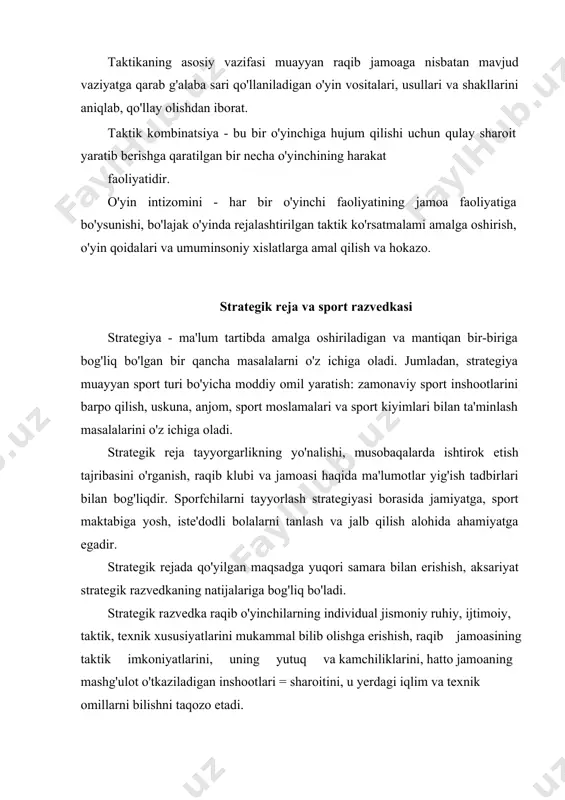 ffaqiyatini oldindan yanada aniqroq rejalashtirish mumkin bo'ladi. o'yinchining o'yin ixtisosligi va jamoa taktikasini tuzish voleybol jamoasi tarkibidagi o'yinchilar musobaqa davomida maydonda joylashishlariga qarab barcha mavjud o'yin funksiyalarini bajaradilar. shu bilan bir qatorda har bir o'yinchi muayyan o'yin funksiyasiga ixtisoslashgan bo'ladi, ya'ni uni o'ziga xos o'yin «kasbi» bo'ladi. masalan, asosiy zarba beruvchi, bog'lovchi o'yinchi (to'p uzatuvchi) va hokazo. o'yinchining o'yin «kasbi» uning jismoniy, morfologik, texnik va taktik imkoniyatlariga qarab yillar davomida shakllanib, borgan sari ixtisoslasha boradi. zamonaviy voleybolda o'yinchi o'zining tanlangan (ixtisos​lashgan) o'yin «kasbi»ni yuqori saviyada mahorat bilan ijro etish bilan birga, o'zga o'yin funksiyalarini ham maromiga yetkazib bajarishi taqozo etiladi. demak, yuqori malakali sportchilarni tayyorlashga qaratilgan ko'p yillik o'quv-trenirovka mashg'ulotlarida o'rgatish va takomillashtirilgan o'yin funksiyasi asosida amalga oshiriladi. jamoa tarkibini yaratish-jamlash ham mazkur masala bilan chambarchas bog'liqdir. zamonaviy voleybolda jamoa tarkibi aksariyat 4-2 yoki 5-1 tizimi asosida tuziladi. u 4 ta hujumchi, 2 ta bog'lovchi -to'p uzatuvchi o'yinchilardan iborat bo'ladi. …
