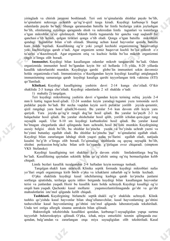ur nafas oladilar. yo’tal kasallik boshida ham, birinchi sutkaning oxirida va kechroq paydo bo’lishi mumkin. boshida yo’tal quruq, keyinchalik balg’amli bo’ladi. boshida balg’am yopishqoq, tiniq, shishasimon keyin ko’pikli, suyuq, ko’pincha zangli bo’ladi. toza qon qo’shilmasi ba’zan ko’p miqdorda paydo bo’ladi. balg’amda ko’p miqdorda o’lat mikroblari aniqlanadi. auskultativ ma’lumotlar kam va og’ir holatga mos kelmaydi. qiyinchilik bilan nafas susayganligi, kam uchraydigan quruq va ho’l xirillashlar, krepitatsiyani aniqlash mumkin. kasallik davom etgan sari ko’krak sohasidagi og’riq soat sayin oshib boradi, jarayonga plevra ham qo’shiladi, hansirash va tsianoz o’sib boradi, nafas olish yuzaki va tez-tez bo’ladi. gemodinamik buzilishlar va o’pka shishi rivojlanishi kasallikning 3-5 kunlarida o’limga olib keladi. ikkilamchi – o’pka shakli klinik jihatdan birlamchiga o’xshash. u o’latning boshqa shakllaring asorati sifatida rivojlanadi. qo’zg’atuvchilar o’pkaga qon orqali o’tadi. bu shakl uchun kasallikning juda og’ir kechishi harakterli; ikkilamchi o’choqlarning ko’pligi, bubonlar, gemorragik sindrom, zotiljam va sepsis xarakterli. adabiyotlarda o’latning tonzillyar (faringial) shakli haqida ma’lumot …
