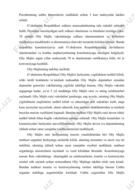 laydi. oliy majlis raisi faoliyatining muxim yunalishlaridan biri oliy majlis matbuot organlari faoliyatiga raxbarlik kilish, ularning nizomlari va taxrir xay`ati tarkibini, ularning ishlash uchun zarur xarajatlar xisobini tasdiklash, matbuot organlariga muxarirlarni tayinlash va ozod kilishdan iboratdir. konstitutsiyaga asosan rais vakolatlarga shuningdek uz urinbosarlarini, kumita va komissiyalar raislari etib saylash uchun nomzodlarni oliy majlisga takdim etish xam kiradi. bundan tashkari kumita va komissiyalarning raislari taklifiga binoan ushbu organlar tarkibiga uzgartirishlar kiritiladi. ushbu uzgarishlar oliy majlis tomonidan tasdiklanishi lozim. bunda oliy majlis raisi bilan bir katorda parlamentning dastlabki sessiyasida tuziladigan oliy majlis kengashi muxim urin tutadi. kengash tarkibiga oliy majlis raisi raisning urinbosarlari, kumitalarning raislari va oliy majlis rasmiy fraksiyalarining vakillari kiradi. kengash vakolatlari «o`zbekiston respublikasi oliy majlis tugrisida»gi konstitutsiyaviy konunda belgilangan. ularga, xususan oliy majlis sessiyalari kun tartibi va ish tartibi yuzasidan takliflarni tayyorlash ishini rejalashtirishni tashkil etish, konunlar loyixalarini va boshka xujjatlarni oliy majlis raisi taklifiga binoan dastlabki tarzda kurib …
