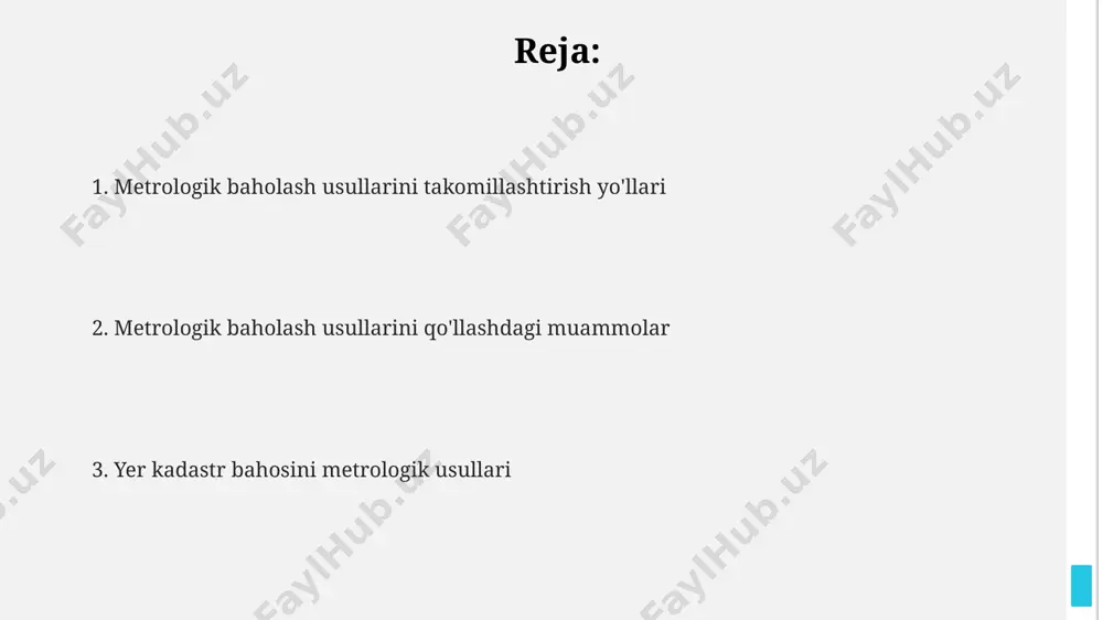 liklar. tasodifiy xatoliklarni kamaytirish uchun o'lchashlar sonini 3 martadan ko'paytirish mumkin. geodezik o'lchashlar va xatoliklar tahlili kirish kirish shahrining kadastr qiymatini baholashda maydonlarning 1000 dan ortiq turli xil maqsadlari inobatga olinadi, shu jumladan sanoat zonalari, turar joy massivlari va qishloq xo'jaligi yerlari. kirishdagi yer uchastkalarining metrologik baholash usullari bozor narxlarini aniqlash uchun 5 dan ortiq statistik modeldan foydalanadi, bu kadastr qiymatini hisoblashda xatoliklarni kamaytiradi. ma'lumot metrologiya asoslari va o'lchash usullari metrologiya fan sifatida, o'lchov vositalarini kalibrlash, sinovdan o'tkazish va sertifikatlashni qamrab oladi, bu esa o'lchovlarning yagona tizimini ta'minlaydi, ±0.5 birlik xatolik bilan. metrologiya asoslari o'lchov aniqligini ta'minlash uchun birliklar standartlarini yaratish, saqlash va qo'llashni o'z ichiga oladi, xatoliklar 0.01 % dan kam bo'lishi kerak. o'lchash usullari obyektning parametrlarini aniqlash uchun ishlatiladi. masalan, uzunlikni o'lchashda lazerli masofa o'lchagichlar 1 mm aniqlikda natija beradi. narxlar monitoringi va statistika narxlar monitoringi va statistika narxlar monitoringi shaharsozlik kadastrida yer uchastkalarining 10% dan ortig'i bo'yicha …