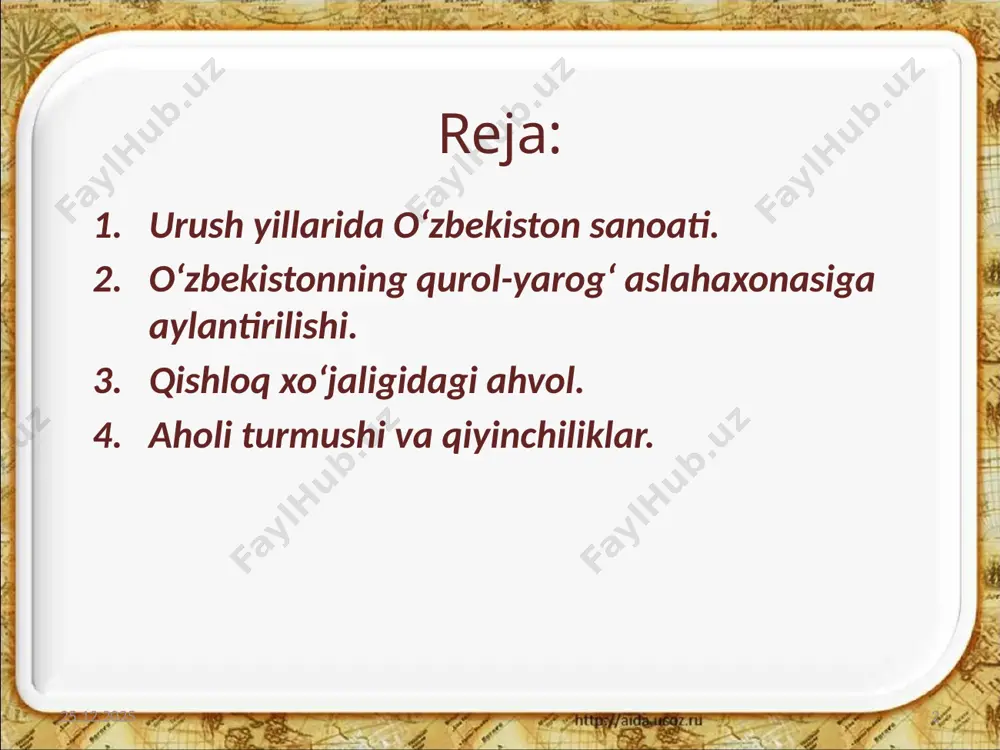 ramay o‘zbek dehqonlari frontni zarur mahsulotlar bilan ta’minlash uchun fidokorona mehnat qildilar. 19.02.2019 8 1941-yili davlatga 1,6 mln tonnadan ziyod paxta topshirildi. sabzavot va poliz ekinlari, meva, pilla, jun, go‘sht topshirish majburiyatlari oshig‘i bilan bajarildi. kolxozchi dehqonlar va butun o‘zbekiston mehnatkashlarining kuchlari bilan yuqori chirchiq, shimoliy farg‘ona, so‘x-shohimardon, uchqo‘rg‘on kanallari, kosonsoy va rudasoy suv omborlari qurildi. 19.02.2019 9 shunday qilib, urush yillarida o‘zbekiston qishloq xo‘jalik ahli eng murakkab va og‘ir sharoitlarda mehnat qilib, 4 mln tonnadan ziyod paxta xomashyosi, 82 mln pud don va boshqa mahsulotlarni davlatga yetkazib berdi. 19.02.2019 10 g’arbiy frontga oziq-ovqat va kiyim-kechak olib brogan delegatsiya (o’ngdan chapga ikkinchida delagatsiya rahbari hasan islomov) 19.02.2019 11 aholi turmushi va qiyinchiliklar. xususan, urush yillarida o‘zbek qishloqlarida ahvol og‘ir bo‘lgan. kolxozlarda kattalar va 12 yoshdan oshgan bolalar uchun majburiy ish kuni normasi 1,5 marta oshirilgan. belgilangan mehnat normasini bajara olmagan kolxozchilar shafqatsiz jazolangan. 19.02.2019 12 o‘zbek xalqining bag‘rikengligi va baynalmilal …