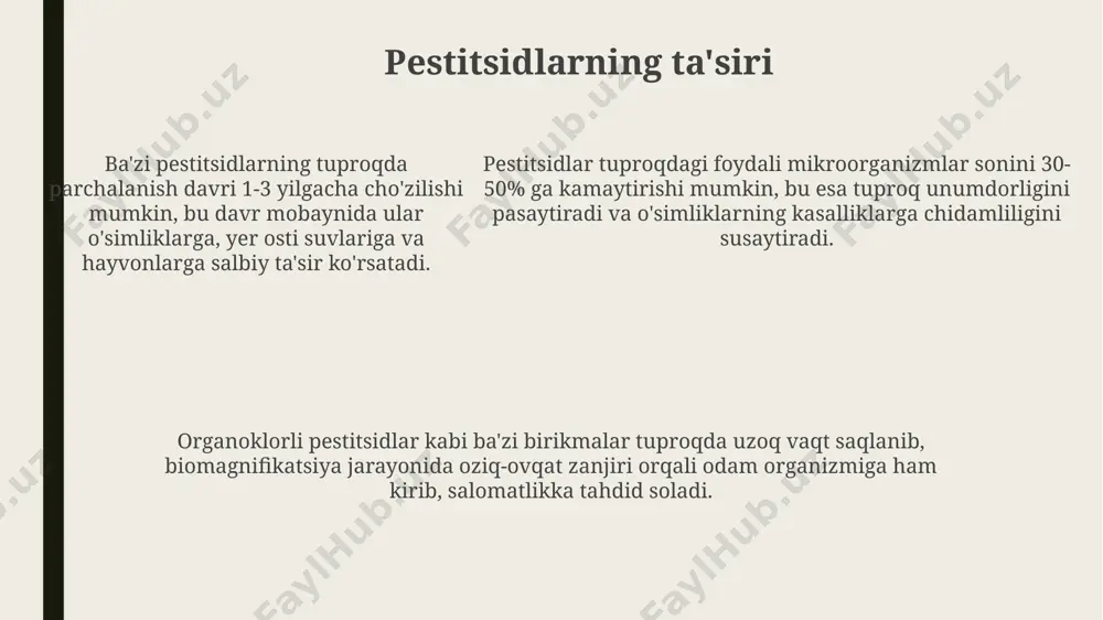 ortiq mikroorganizmlar mavjud bo'lib, ularning aksariyati inson uchun foydali hisoblanadi, ammo patogen bakteriyalar sonining ko'payishi tuproqning gigiena holatini yomonlashtiradi. sog'lom tuproqning 1 grammida 1 milliarddan ortiq mikroorganizmlar mavjud bo'lib, ularning aksariyati inson uchun foydali hisoblanadi, ammo patogen bakteriyalar sonining ko'payishi tuproqning gigiena holatini yomonlashtiradi. parazitlar va ularning tuxumlari tuproq namligi va harorati helmint tuxumlarining rivojlanishi va hayot faoliyatiga sezilarli ta'sir ko'rsatadi, optimal sharoitda ularning soni tez o'sib boradi. ascaris lumbricoides va trichuris trichiura tuxumlarining tuproqdagi turg'unligi yuqori bo'lib, ularning infektivligi bir necha oygacha saqlanib qoladi. tuproqda 1 gramm tuproqda 1000 tagacha helmint tuxumlari bo'lishi mumkin, bu esa insonlar uchun yuqumli kasalliklar xavfini oshiradi. tuproqni tozalash usullari fizikaviy tozalash usuli, masalan, elash yoki yuvish, 90% gacha mexanik ifloslanishlarni, shu jumladan katta zarrachalarni yo'qotishga yordam beradi. tuproqni kimyoviy tozalashda 10-15 mg/kg dan oshmasligi kerak bo'lgan zararli moddalar miqdorini kamaytirish uchun maxsus kimyoviy reagentlar qo'llaniladi. tuproqni biologik tozalash usuli 3-5% li kompost qo'shish …