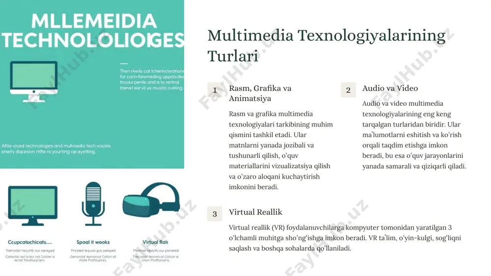 esda qolarli qilib taqdim etadi. 3 qiziqarlilik multimedia texnologiyalari oʻquv jarayonlarini qiziqarli va jozibali qilib, foydalanuvchilarning eʼtiborini tortadi. 9 zamonaviy multimedia texnologiyalarining rivojlanishi 10 image1.png image2.png image3.png image4.png image5.png image6.png image7.png image8.png image9.png image10.png image11.png image12.png image13.png image14.png image15.png image16.png image17.png image18.png