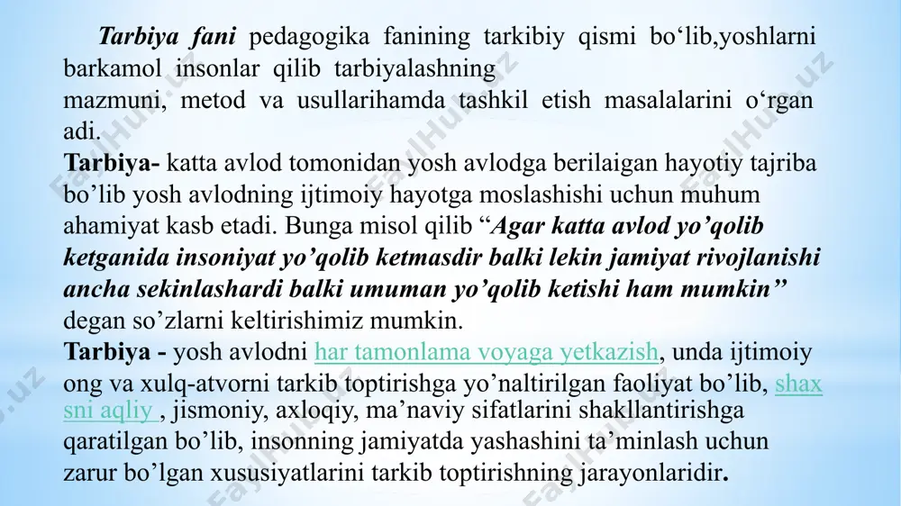 ishning maqsadi yosh avlodga to’g’ri tarbiya berish, ularning dunyoqarashini shakllantirishni bilish nazariyasining umumiy qonuniyatlari asosida hosil bo’lib, har qanday shaxs faoliyatida metodologik asos bo’lib xizmat qiladigan falsafa fanining roli beqiyosdir. shuning uchun shaxs tarbiyasi jarayoni bilan shug’ullanadigan tarbiyaviy ishlar metodikasi fani falsafa fani bilan bog’liqdir. keyingi yillarda mamlakatimizda yoshlar tarbiyasiga eʼtibor davlat siyosati darajasiga ko‘tarildi. prezidentimiz shavkat mirziyoyev raisligida 2019-yil 23-avgust kuni bo‘lib o‘tgan xalq taʼlimi tizimini rivojlantirish, pedagoglarning malakasi va jamiyatdagi nufuzini oshirish, yosh avlod maʼnaviyatini yuksaltirish masalalariga bag‘ishlangan videoselektor yig‘ilishida taʼlim va tarbiyaning ahamiyati haqida so‘z bordi. mazkur yig‘ilishda davlatimiz rahbari yosh avlod tarbiyasi, odob-axloqi haqida to‘xtalib, “maktab - bu hayot-mamot masalasi, kelajak masalasi. bu masalani davlat, hukumat va hokimlarning o‘zi hal qilolmaydi. bu butun jamiyatning ishi, burchiga aylanishi kerak. maktabni o‘zgartirmasdan turib, odamni, jamiyatni o‘zgartirib bo‘lmaydi”, - deya alohida taʼkidladi. buyuk mutafakkir mahmud qoshg`ariy “qutadg`u bilik” asarida bola tarbiyasi haqida to’xtalib, shunday deb yozadi: “farzand qanchalik bilimli, …