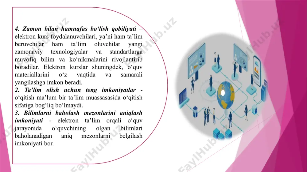 ib, ularda talabalar o‘qituv-chilardan maslahatlar olishi ëki yakuniy imtixon topshi-rishlari mumkin. yagonalik modelida o‘qitish. ochiq universitetlarda, masalan, buyuk britaniyaning ochiq universiteti (united kingdom open university – http://www. open.ac.uk) da tashkil etilgan. ikkilanganlik modeli. oliygox kunduzgi talabalarni ham, qisman kunduzgi va qisman masofali dastur asosida o‘qitadi. har ikkalasida ham dars jadvallari, o‘qitish dasturlari, imtihonlari va baholash mezonlari bir xil bo‘ladi. bunday model avstraliyaning yangi angliya universiteti (university of new england, australia – http://www.une.edu.au ) da tashkil etilgan. aralash model. bu modelda ishlayotgan universitet, talabalarni masofali o‘qitishda turli shakllarning integratsiyasini nazarda tutadi. masalan, kunduzgi shaklda o‘qiyotgan talabalar masofali o‘qitish kurslarining dasturlarida yoki universitetning o‘qituvchisi dars berayotgan kunduzgi kurslari bilan qisman o‘qiydilar. konsorsium. ikki universitetni birlashmasidan iborat bo‘lib, universitetlar o‘quv materiallari bilan almashadilar yoki ba’zi vazifalarni bo‘lishib oladilar. kanadadagi ochiq o‘quv agentligi (open learning agency, canada – http://www.ola.bc.ca) konsorsiumga misol bo‘lishi mumkin. validatsiya. bosh oliygox va uning xududlardagi ko‘p sonli filiallari orasidagi munosabatlar …