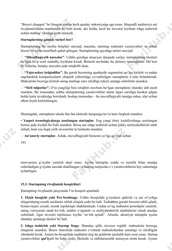 utlaqo bepul. ba’zan esa ularga biznes-rejalar ham ilova qilinadi. 3. startap asoschilari yoshlardir. ko‘plab mashhur va muvaffaqiyatli startaplar kechagi talabalar avlodidir. statistik ma’lumotlarga ko‘ra, startaplarning o‘rtacha yoshi 25 yoshga to‘g‘ri keladi. shuning uchun yangi tashabbuslarni ba’zan mensimagan ohangda “garaj biznesi” deb ham atashadi: hali mol-dunyo orttirmagan yoshlar o‘z g‘oyalarini muhokama qilish uchun garajlar va ijara xonadonlardan bo‘lak qayerdadir to‘planishiga imkon yo‘q. 4. startaperlar bor imkoniyatini o‘rtaga tikadi. odatda, startap tashabbuskorlari o‘z g‘oyasini butun qalbiga joylashadi. uni ro‘yobga chiqarish uchun odam katta tavakkal qilishga ham tayyor turadi. startaperni muvaffaqiyat juda qimmatga tushishi mumkinligi ham o‘ylantirmaydi: agar muvaffaqiyatdan manfaatdor bo‘lsa, unga erishish uchun hatto ilojsiz narsalarga ham qo‘l urib ko‘radi. 5. tashabbuskor guruh foyda uchun emas, balki g‘oya uchun ishlaydi. faqat har qanday tashabbusni tanho rivojlantirish qiyin. shuning uchun startap yaratishda g‘oyaviy yetakchi rahbarligi ostida butun boshli jamoa ishtirok etadi. jamoaning har bir a’zosi muayyan funksiyani bajaradi: bittasi istiqbolli g‘oyani ishlab chiqadi, …