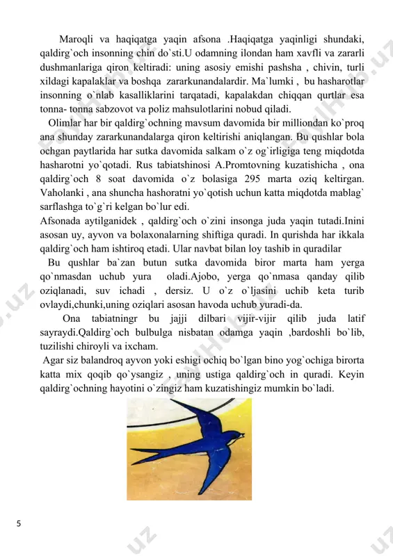 o`rtoq qushlarga uya yasash uchun sahnadan chiqub ketishi bilan tugaydi. ) “yosh zoolog ” guruhi “vafodor do`stga berma ozar” nomli sahna ko`rinishi (qicqacha mazmuni: maktab o`quvchisi televizorda sirkni tomosha qiladi.u hovlisiga chiqib huddi sirkdagi it kabi harakat qilishini kuchukchasidan talab qiladi. bu harakatlarni bajara olmagan kuchukchasini kaltaklab ozor berayotgan paytida o`rtog`i kelib qoladi. it insonning eng yaqin do`sti ekanligini va uning qilib turgan ishi noto`g`ri ekanligini o`rtog`iga bir necha hayotiy misollar bilan tushuntiradi.itlar eng og`ir damda ham hech qachah o`z xo`jayinini tashlab ketmaydi.kuchukchaga ozor bergan o`quvchi qilgan xatosini tushunib bu xatoni qayta takrorlamaslikka so`z beradi. o`rtog`i ikkalasi kuchukchani shifokor nazoratiga olib boramiz deb sahnadan chiqub ketishi bilan tugaydi. ) 5-shart. zoologiyada muhum sanalar.bu shartda faqat sana aytiladi, gurux a`zolari davom ettiradi. “tabiat” guruhi 11- yanvar- halqaro qo`riqxonalar va milliy bog`lar kuni. 14-15- yanvar- suv- botqoq qushlarining xalqaro hisoblash kuni. 1-aprel- halqari qushlar kuni. 24-aprel-tajriba hayvonlarini himoya qilish xalqaro kuni. “yosh …