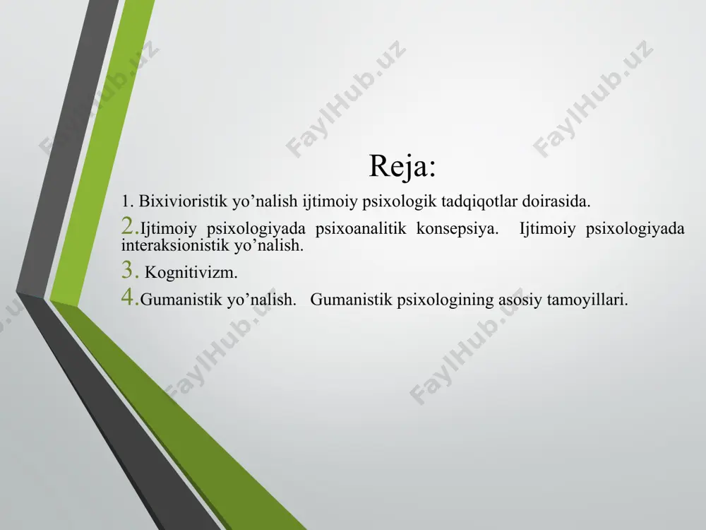 rqli o‘laroq ijtimoiy psixologik bixevioristlar hayvonlar o‘rniga laboratoriyaga naqd pulga odamlarni taklif eta boshladilar, shuning uchun ham ularning g‘oyasida biologizm va mexanizm tarzda ilgarigi hayvonlarda to‘plangan dalillar modelini insonlarda qo‘llash hollari kuzatildi. psixoanaliz doirasida esa ijtimoiy psixologik tadqiqotlar e. fromm va dj. salliven ishlari bilan bog‘liq bixevioristlardan farqli o‘laroq bu erda eksperimentlar ikki kishi emas, balki ko‘pchilik ishtirokida o‘tkazila boshladi. ularning izdoshlari (v.bayon, v.bennis, g.sheparde, v.shutk) o‘tkazgan tadqiqotlar tufayli hozirgi kunda ham katta qiziqish bilan o‘rganilayotgan kichik t—guruhlar psixologiyasi yaratildi. unda guruh sharoitida bir odamning boshqalarga ta’siri, guruhning ayrim individlar fikrlariga ta’siri kabi masalalar ishlab chiqildi va ijtimoiy psixologik treninglar o‘tkazishga asos solindi. psixoanaliz doirasida o‘tkazilgan ijtimoiy psixologik tadqiqotlar o‘tkazgan olimlar: interaksionizm bu aslida sotsiologik nazariya bo‘lib hisoblanadi. uning asoschisi gerbart mid bo‘lib, uning qarashlari ta’sirida t.sarbinning rollar nazariyasi, g.xaymen va r.mertonlarning referent guruhlar nazariyasi, f.gofmanning ijtimoiy dramaturgiya nazariyalari shakllandi. ular turli ijtimoiy sharoitlardagi xulq-atvorlarni tu­shuntirish orqali shaxs ijtimoiy psixologik …