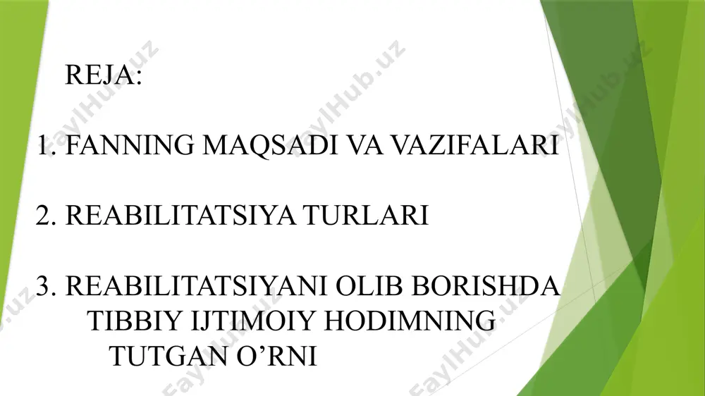 ni ovqatlantirish va boshqa shunday oddiy vazifalar yuklatiladi. bu usul bemor ruhiyatiga, umumiy ahvoliga, o‘z-o‘zini baholashga va o‘zining kerakligini his etishiga kuchli ta’sir etadi. mehnat bilan davolash usullari nafaqat ruhiy kasalliklarda, balki boshqa somatik (tana) kasalliklar davosida ham qo‘llanilishi mumkin.bemor insonning davolanishi, kasallikdan so‘ng o‘zini ham jismoniy, ham ruhiy tiklay olishi, ko‘proq, tibbiy-ijtimoiy xodimning ko‘rsatgan g‘amxo‘rligiga, diqqat-e’tiboriga, xushmuomalaligiga va jonkuyarligiga bog‘liq bo‘ladi. reabilitatsiya turlari ijtimoiy reabilitatsiyasi psixologik reabilitatsiyasi tibbiy reabilitatsiyasi huquqiy reabilitatsiyasi kasbiy reabilitatsiyasi mehnat reabilitatsiyasi ekologik reabilitatsiya professional reabilitatsiyasi pedagogik reabilitatsiya “ijtimoiy reabilitatsiya - bu insonni o'z ijtimoiy mavqei tiklanishiga, ijtimoiy muhitda yashash va ishlash qobiliyatini tiklashga qaratilgan tadbirlar majmui. “ psixologik reabilitatsiya - insonning ruhiy va ruhiy salomatligini tiklashga yordam beradi, guru ichidagi aloqalar va munosabatlarni optimallashtiradi. pedagogik reabilitatsiya - insonning ta'lim olish qobiliyatidagi har qanday og'ish bilan pedagogik yordamni tashkil etish va amalga oshirishda yordam beradi. kasbiy va mehnat reabilitatsiyasi - insonni yo'qotgan mehnat va kasbiy ko'nikmalarni …
