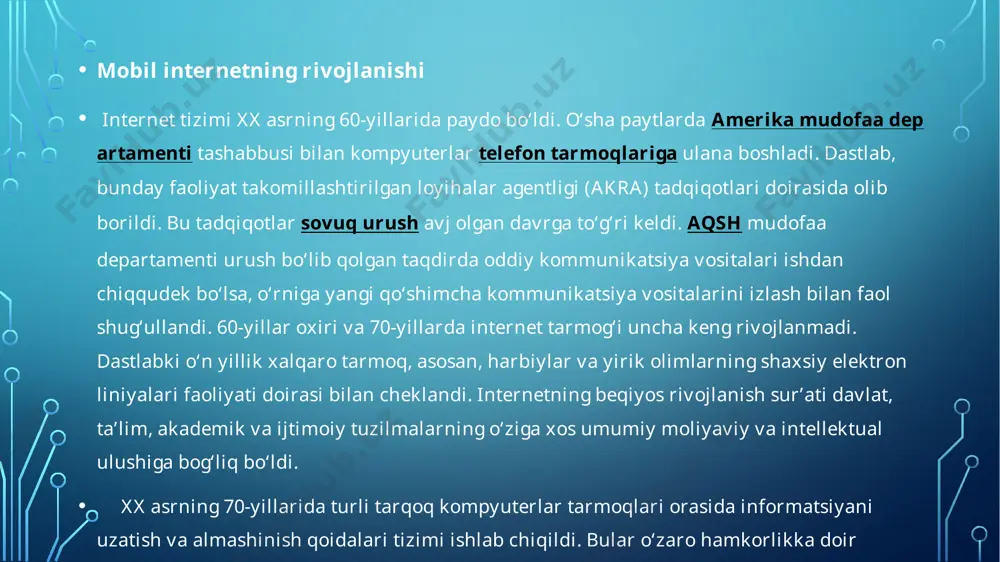 i (wireless fidelity) ieee 802.11 standartlariga asoslangan qurilmalarga ega simsiz mahalliy tarmoq texnologiyasidir. wi-fi logotipi wi-fi alliance kompaniyasining savdo belgisidir. wi-fi qisqartmasi ostida (inglizcha wireless fidelity [2] iborasidan, so'zma-so'z "simsiz aniqlik" deb tarjima qilinishi mumkin) hozirda radiokanallar orqali raqamli ma'lumotlar oqimini uzatish uchun standartlarning butun oilasi ishlab chiqilmoqda. asosiy wi-fi diapazonlari 2,4 gigagertsli (2412-2472 mgts), 5 gigagertsli (5160-5825 mgts) va 6 gigagertsli (5955-7115 mgts). wi-fi signali past uzatish quvvatida ham millar davomida uzatilishi mumkin, lekin oddiy wi-fi routerdan uzoq masofadagi wi-fi signalini olish uchun yuqori daromadli antenna (masalan, parabolik antenna yoki wi -fi quroli) kerak. ieee 802.11 standartiga mos keladigan har qanday uskuna wi-fi alliance tomonidan sinovdan o'tishi va tegishli sertifikat va wi-fi logotipini ko'rsatish huquqini olishi mumkin. wi-fi ning afzalliklari tarmoqni joylashtirish va/yoki kengaytirish xarajatlarini kamaytirishi mumkin bo'lgan kabelsiz tarmoqni o'rnatish imkonini beradi. kabelni o'rnatish mumkin bo'lmagan joylar, masalan, ochiq havoda va tarixiy binolarda, simsiz tarmoqlar orqali xizmat ko'rsatish …