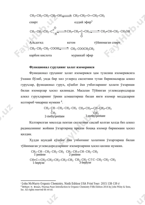 бундай алкенларни номлашда e,z- номенклатурадан фойдаланилади (e-“entgegen” қарама-қарши, z-“zuzammen” бирга). бу номенклатура бўйича углерод атомидаги ўринбосарлар катта кичиклигига қараб ажратиб олинади 8. c c katta kichik katta kichik z izomer c c kattakichik katta kichik e izomer қуйида ушбу ҳолатни бир нечта аниқ мисолларда келтириб ўтамиз: 6 john mcmurry organic chemistry, ninth edition usa print year: 2015 192 б 7 john mcmurry organic chemistry, ninth edition usa print year: 2015 193 б 8 william h. brown, thomas poon introduction to organic chemistry fifth edition 2014 by john wiley & sons, inc. all rights reserved 115 б. c c ch3 h ch3 ch2ch3 katta kichik kichik katta e izomer c c clch2 ch3 ch2cl ch2ch3 katta kichik kichik katta z izomer қуйида турли ўринбосарларннинг катталигининг ортиб бориш қатори келтирилган9. стереоизомерия стереоизомерия – бу молекулани ташкил этувчи атомларнинг фазодаги жойлашувидир. бу термин асосан молекуладаги атомларнинг фазодаги жойлашувини назарда тутади. молекуланинг фазодаги жойлашуви …