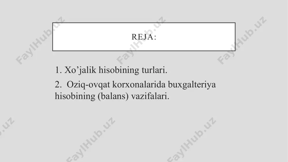 k hisobda o'rganilayotgan hodisalarning xususiyatlariga qarab pul, natura va qiymat o'lchovlari qo'llaniladi. statistic hisob xo'jalik haqidagi dastlabki ma'lumotlarni mustaqil tashkil qilinadigan boshlang'ich hujjatlar asosida oladi. bundan tashqari, statistik hisob xo'jalik faoliyati hodisalarini o'rganishda buxgalteriya va operativ hisobning ma'lumotlaridan keng foydalanadi. buxgalteriya hisobi bu kundalik va umumiy ma'lumotlar olish maqsadida korxonalar xo'jalik faoliyatini uzluksiz ravishda kuzatish va nazorat qilish tizimidan iboratdir. buxgalteriya hisobining statsitik va operativ hisobdan farqli tomonlari quyidagilar: korxonalar mablag'larining joylanishi va ularning tashkil toppish manbalarida bo'ladigan o'zgarishlarga olib keluvchi hamma xo'jalik jarayoni va muammolarini yoppasiga qayd qiladi; bu jarayon va o'zgarishlar ikkiyoqlama yozish usuli bilan munntazam, uzluksiz jamda o'zaro bog'langan ravishda qayd qilinadi; yozuv faqat hujjatlargagina asoslanadi; hamma xo'jalik muammolari buxgalteriya hisobida pul ifodasida aks ettiriladi. 2.oziq-ovqat korxonalarida buxgalteriya hisobining vazifalari buxgalteriya hisobining asosoiy vazifalari quyidagilardan iborat: - korxona sodir bo'layotgan xo'jalik muomalalarini hujjatlarda o'z vaqtida rasmiylashtirish; - buxgalteriya hisobi hisob varaqalarida aktivlarning holati va harakati, ,mulkiy huquqlar …