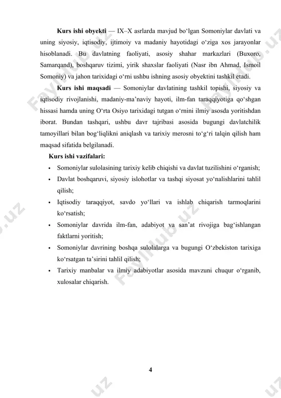 a uning o‘g‘illari ham arab xalifaligi xizmatida bo‘lib, yirik mansablarga erishganlar.somoniylar sulolasining siyosiy maydonga chiqishi abbosiylar xalifaligi davriga to‘g‘ri keladi. bu davrda xalifalik markaziy hokimiyatni saqlab qolishda qiyinchiliklarga duch kelgan, viloyatlar mustaqillik sari intilayotgan edi. shu sharoitda xalifalik ishonchli va sadoqatli kuchlarga tayanishga majbur bo‘ldi. somonxudotning nabiralari — nuh, yahyo, ahmad va ilyos xalifalik tomonidan harbiy va ma’muriy lavozimlarga tayinlangan.[footnoteref:1] [1: ahmedov, r. ulug'bek va uning ilmiy merosi. – toshkent: o'zbekiston akademik nashriyoti, 2004. – 45-67 betlar.] somoniylar sulolasining siyosiy nufuzini oshirishda ayniqsa ismoil ibn ahmad (ismoil somoniy) muhim rol o‘ynagan. u 849-yilda tug‘ilgan va otasi ahmad ibn asad vafotidan so‘ng, 875-yilda buxoro hokimi etib tayinlangan. ismoil somoniy o‘zining harbiy iqtidori, siyosiy donoligi va adolatli boshqaruvi bilan tez orada o‘z viloyatining mustaqilligini ta’minlaydi. keyinchalik u samarqand va boshqa hududlarni birlashtirib, 892-yilga kelib butun movarounnahr ustidan yagona hokimiyatni o‘z qo‘liga oladi. xalifa tomonidan rasman tan olingan ismoil ibn ahmad shu tariqa …