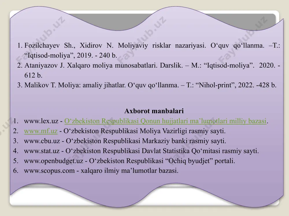 an chekinishlarni va qonun qoidalarining buzilishlarini, moddiy resurslarning samaradorligi va tejab sarflanishini aniqlashdan iboratdir nazorat amal qilinuvchi qoidalarning lima deklaratsiyasi. oliy nazorat organlari xalqaro tashkilotining (intosai) ix kongressida 1977 yil qabul qilingan, 1-modda. "nazoratning maqsadi" intosai tomonidan moliyaviy nazoratga berilgan ta’rif moliyaviy nazoratning muhim vazifalari davlat byudjeti va davlatning byudjetdan tashqari jamg’armalarining shakllanishi va ishlatilishini nazorat qilish davlat moliyaviy resurslarining maqsadga muvofiq ishlatiishini, davlat va mahalliy mulkdan qonuniy ravishda va oqilona foydalanishini nazorat qilish xo’jalik sub’ektlari tomonidan buxgalteriya hisobi va hisobotni to’g’ri yuritilishini nazorat qilish, xo’jalik operasiyalarining buxgalteriya xujjatlarida to’g’ri aks ettirilishini tekshirish soliq va soliqqa tortish, valyuta, bojxona va bank faoliyatida amaldagi qonunchilikka rioya qilinishini tekshirish moliyaviy nazorat quyidagi sohalardan iborat moliyaviy nazorat tizimi davlat moliyaviy nazorati nodavlat moliyaviy nazorati jamoatchilik nazorati byudjet nazorati soliq nazorati pul-kredit nazorati bojxona nazorati audit nazorati ichki xo’jalik nazorati “jamoatchi-lik nazorati to‘g‘risida” gi o‘zbekiston respublikasining qonuni, 12.04.2018 yil o‘rq-474-sonli jamoatchilik nazorati subyektlari o’zbekiston …
