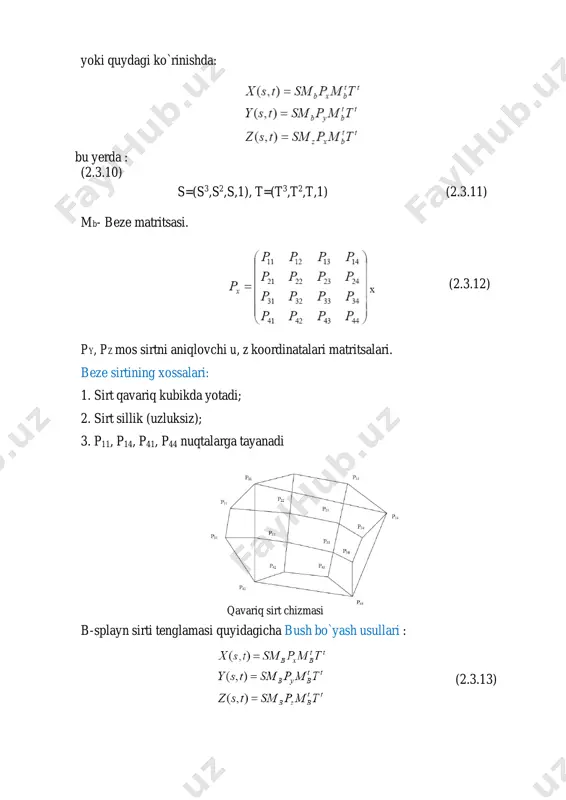 ya’ni ikkita to`rt bog`lanishlik piksellar har doim sakkiz bog`lanishlik, teskarisi har doim o`rinli emas.[5] rastr setkasida ixtiyoriy egri chiziq p1, p2, ..., pn piksellar guruhi orqali ifodalanadi, bu erda ixtiyyoriy ikkita pi va pi+1 – qo`shni piksellar. yuqorida to’rt bog’lanishlik sakkiz bog’lanishlik keltirilgan ta`riflarga ko`ra egri chiziq to`rt bog`lanishlik va sakkiz bog`lanishlik bo`lishi mumkin. brezenxeym algoritmi. kesmaning rastr tasviri. (x1,y1) va (x2,y2) nuqtalarini tutashtiruvchi kesmaning rastr tasvirini ko`rish masalasini ko`ramiz. faraz qilamiz (3.1.3) berilgan ikki nuqtadan o`tuvchi to`g`ri chiziq tenglamasini tuzamiz: unda kesma quyidagi tenglama bilan beriladi: (3.1.4) (3.1.5) yoki: bu yerda, y=ky+b, paskal tilida programmasi: procedure line(x1, x2, y1, y2: integer; s: word); var k, b: real; x, y: integer; begin k: = (y2-y1)/(x2-x1); b: = y1-r*x1; for x:=x1 to x2 do (3.1.6) (3.1.7) keyingi qadamga ya’ni i+1: di+1 dan di ayiramiz va xi- xi-1=1 ni hisobga olgan holda: (3.1.8) (3.1.9) so`ng, agar di x2 then begin x:=x2; y:=y2; …