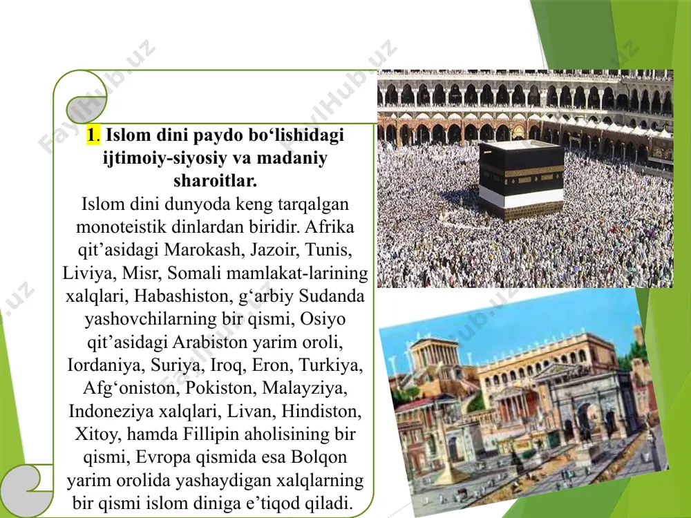 uchun arabiston shaharlari va qabilalari o‘rtasida mavjud bo‘lgan tarqoqlik va kelishmovchiliklarga xotima berib barcha arab qabilalarini bir davlatga birlashtirish, ularning tarqoq holda bo‘lgan iqtisodiy va harbiy imkoniyatlarini yagona kuchga aylantirish zarur edi. 12 ijtimoiy hayot taqozosi natijasida vujudga kelgan arab qabilalari o‘rtasidagi markazlashishga intilish harakatlari arablar jamiyatida vi asr oxiri va vii asr boshlarida yuz bergan jiddiy tarixiy voqealar asosida yoritadi . bu intilishni o‘zida aks ettirilgan mafkura sifatida islom dini vujudga keldi va markazlashtirilgan arab davlatining paydo bo‘lishi, qo‘shni mamlakatlarining bosib olinishi va arab xalifaligining kengayishi jarayonida bu din kuchli g‘oyaviy qurol sifatida xizmat qiladi. . muhammad ibn abdulloh (s.a.v)ning tavalludi. muhammad ibn abdulloh ibn abdul–muttalib alayhis–salom arabiston tarixida “fil voqeasi” nomi bilan mashhur jangdan 50 kun keyin tavallud topgan. ko‘pchilik tarixchilar fikriga ko‘ra bu sana milodiy 571 yilga to‘g‘ri keladi. otasi abdulloh o‘z o‘g‘li muhammad tug‘ilmasidan oldin savdo ishi bilan shomdan qaytayotib yasribda (hozirgi madina shahrida) vafot etgan. …
