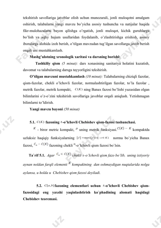 ekli -o`lchovli qism fazosi bo`lsin. ta`rif 5.1. agar chekli -o’lchovli qism fazo bo’lib, uning ixtiyoriy aynan noldan farqli elementi kompaktning dan oshmaydigan nuqtalarida nolga aylansa, u holda u chebishev qism fazosi deyiladi. 5.2. fazoning elementlari uchun -o’lchovli chebishev qism-fazosidagi eng yaxshi yaqinlashtirish ko`phadining alomati haqidagi chebishev teoremasi. fazo uchun bunday qism fazo sifatida darajasi dan oshmaydigan barcha algebraik ko`phadlar fazosini ( ni) olishimiz mumkin. bunga ishonch hosil qiling! teorema 5.1. (chebishev). faraz qilaylik, fazoning -o`lchovli chebishev qism fazosi bo`lsin. ko`phadning da uzluksiz funksiyaning eng yaxshi yaqinlashtirish ko`phadi bo`lishi uchun day nuqtalar sistemasi mavjud bo`lib, 1) ; 2) ishora almashinuvchi qiymatlar qabul qilishi zarur va yetarlidir. yuqorida keltirilgan xossalarga ega nuqtalar to’plami chebishev alternansi deyiladi. faraz qilaylik, darajasi dan oshmaydigan barcha algebraik ko`phadlar fazosi bo`lsin. ravshanki, uning o`lchovi ga teng. funksiyaning ko`phadlar bilan eng yaxshi yaqinlashtirishlarini kabi belgilaymiz , ya`ni . 5.3. xaar teoremasi. teorema 5.2. (xaar). ixtiyoriy funksiya uchun uning …