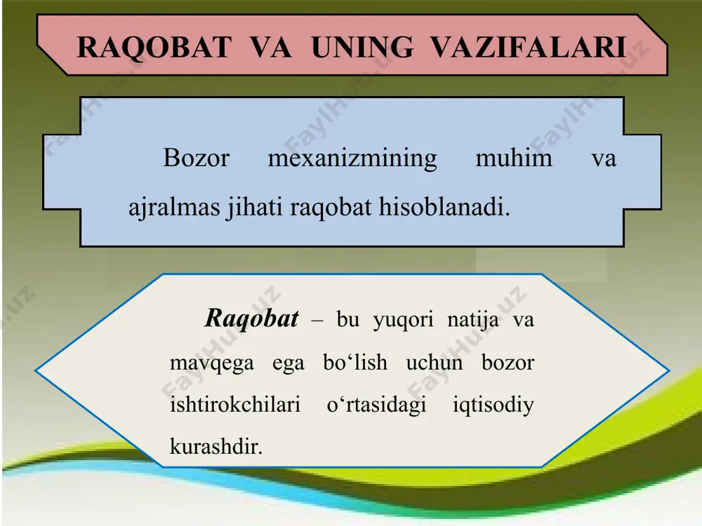 aqobatdoshligini ta’minlashingiz zarur korxona raqobatdoshligi – muayyan turdagi mahsulotni ishlab chiqaruvchi boshqa korxonalarga o‘zining ishlab chiqarish, moliyaviy va marketing faoliyati samaradorligi jihatidan munosib qarshi tura olish qobiliyati. buning uchun, albatta, korxona raqobatdoshligini ta’minlash yo‘llari to‘g‘risida bilishingiz kerak. quyida ularning asosiylarini keltirib o‘tamiz: – muntazam ishlab chiqarish jarayoniga yangiliklarni joriy etish; – mahsulotning nisbatan takomillashgan shakli ustida izlanish; – mahsulot sifatining milliy va jahon andozalariga muvofiqligini ta’minlash; – yuqori sifatli xomashyo va materiallardan foydalanish; – muntazam ravishda xodimlarning malakasini oshirib borish; – xodimlarning moddiy manfaatdorligini oshirish va mehnat sharoitlarini yaxshilash; – bozorda chuqur marketing tadqiqotlarini o‘tkazish va boshqalar.