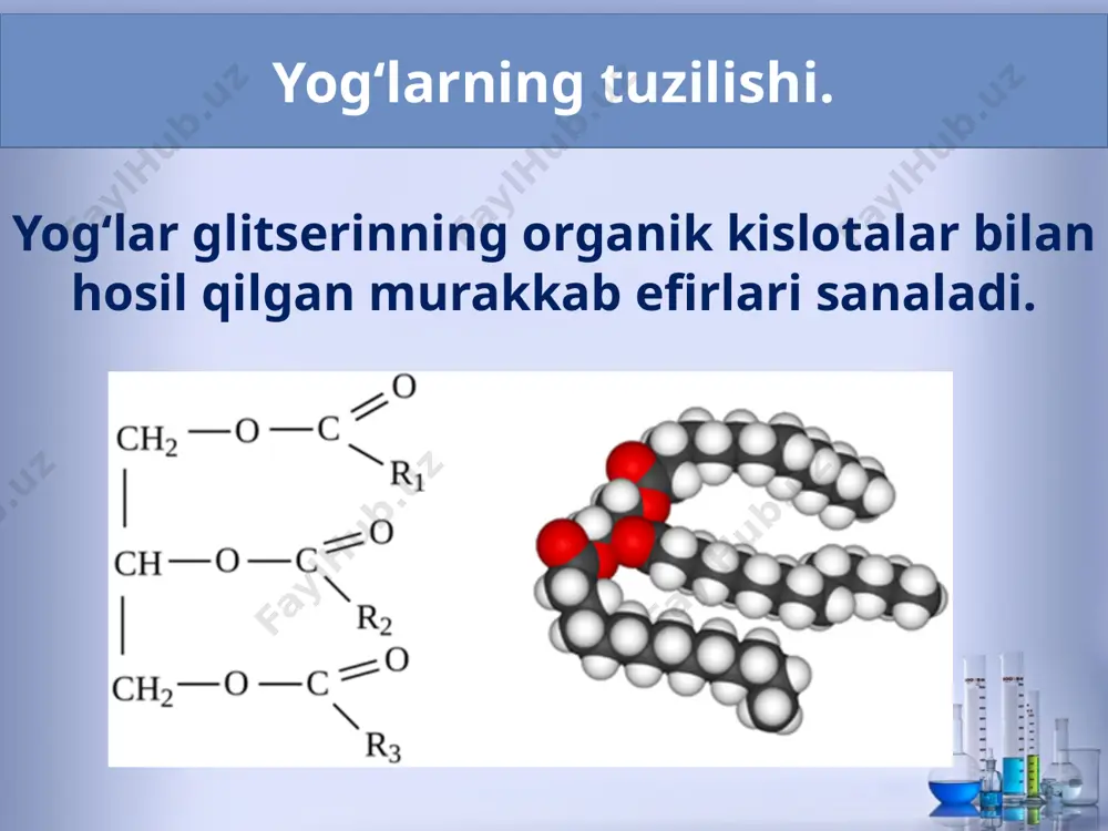 bo‘lgan talab yuqori. shuning uchun avvaldan suyuq yog‘lardan qattiq yog‘ olish borasida izlanishlar olib borilgan. qattiq yog‘lar tarkibida bo‘lsa to‘yingan kislotalar mavjud. agar suyuq yog‘ni vodorod yordamida gidrogenlasak, ya’ni ular tarkibidagi to‘yinmagan kislotalarni to‘yintirsak ular qattiq holga o‘tadi. image2.jpeg image3.png image4.jpeg image5.jpeg image6.jpeg image7.jpeg image8.jpeg image9.jpeg image10.jpeg image11.jpeg image12.jpeg image13.jpeg image14.jpeg image15.jpeg image16.jpeg image17.jpeg image18.jpeg image19.jpeg image20.emf image21.jpeg image22.jpeg image23.jpeg image24.jpeg image25.jpeg image26.jpeg image27.jpeg image28.jpeg image1.jpeg