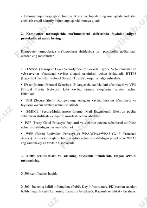 q kalitli infratuzilma (public key infrastructure, pki) uchun standart bo'lib, raqamli sertifikatlarning formatini belgilaydi. raqamli sertifikat - bu shaxs, tashkilot yoki qurilmaning identifikatorini tasdiqlovchi elektron hujjatdir. u quyidagi ma'lumotlarni o'z ichiga oladi: • sertifikat egasining nomi • sertifikat egasining ochiq kaliti • sertifikatning amal qilish muddati • sertifikatni bergan sertifikatlashtirish markazining (certificate authority, ca) nomi • sertifikatlashtirish markazining raqamli imzosi xavfsizlik tizimlarida tutgan o'rni: • autentifikatsiya: x.509 sertifikatlari shaxs, tashkilot yoki qurilmaning autentifikatsiyasini ta'minlaydi. bu veb-saytlar, elektron pochta serverlari va boshqa xizmatlarga foydalanuvchilarning shaxsini tasdiqlash imkonini beradi. • shifrlash: x.509 sertifikatlari ma'lumotlarni shifrlash uchun ishlatiladigan ochiq kalitlarni taqdim etadi. bu ma'lumotlarning maxfiyligini ta'minlaydi va ularning ruxsatsiz kirishdan himoya qiladi. • raqamli imzolash: x.509 sertifikatlari hujjatlar va dasturiy ta'minotni raqamli imzolash uchun ishlatiladi. bu hujjatning autentikligini va yaxlitligini ta'minlaydi, shuningdek, uni o'zgartirish yoki soxtalashtirishning oldini oladi. • ishonch zanjiri: x.509 sertifikatlari ishonch zanjirini yaratish uchun ishlatiladi. ildiz sertifikatlashtirish markazi (root ca) …