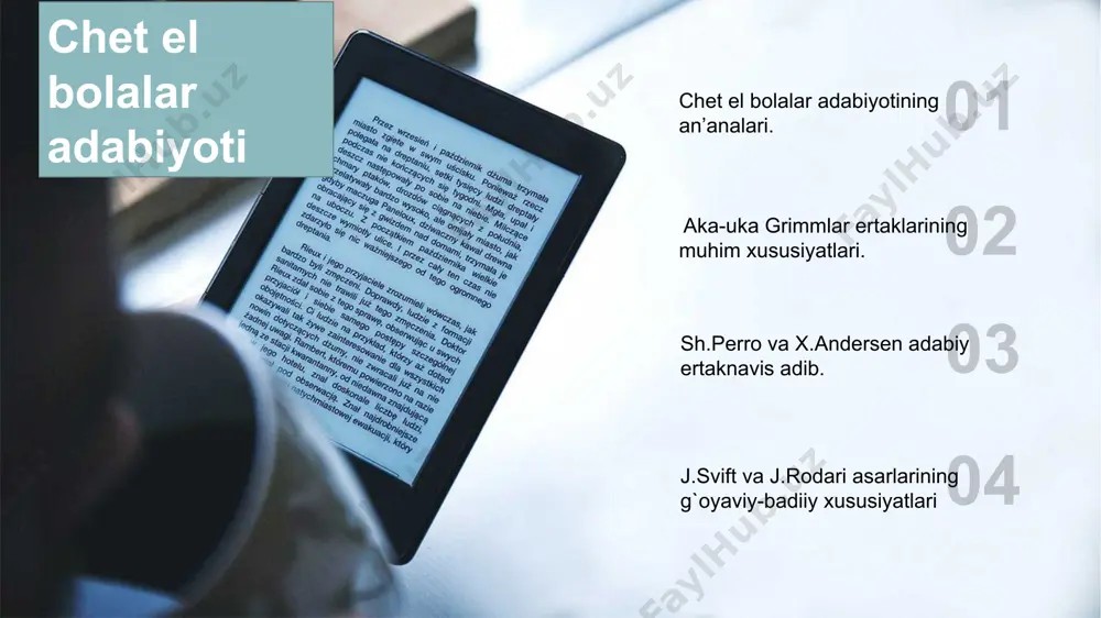 ing oxirigacha ham uylanmagan) haqida albatta aytib o‘tish joiz. doroteya aka-uka grimmlarga “ganzel va gritel”, “yerto‘la bekasi”, “kuylaydigan danakcha” kabi ertaklarni taqdim etdi. 298 askarlarning achinarli, nochor-kambag‘allikdagi hayotlari, kamsitilgan shaxsiyatlari haqida so‘zlab beruvchi grimmlarning qayg‘uli ertaklari qariya krauze bayonidan yozib olingan. “bolalar va oilaviy ertaklar” kitobiga grimmlar ukasi lyudovik tomonidan illyustratsiyalar chizilgan. tulki o‘tloqda yurgan g‘ozlarni yemoqchi bo‘ladi. ular o‘limlari oldidan bitta qo‘shiq aytib, so‘ngra tulkiga yem bo‘lishlarini so‘raydi. ammo uzundan uzoq “g‘a-g‘a”lari tulkini zeriktiradi, uning tinka-madorini quritadi, axiyri g‘oz-o‘ljadan voz kechishga majbur bo‘ladi. “tulki bilan g‘ozlar” ertagi shu jihatdan ahamiyatli. unda hiyla va makr ishlatishga usta tulki obraziga tadbirkor g‘ozlar timsoli qarshi qo‘yiladi. hans kristian andersen(1805-1875) o‘zining ajoyib va g‘aroyib ertaklari bilan jahonga tanilgan. u daniyaning odens shahrida tug‘ilgan. bolaning yashash sharoiti va o‘qishi bu yerda ancha-muncha yaxshi bo‘ladi. bo‘lajak yozuvchi 1823- yilda slagels maktabiga o‘qishga kiradi, undan keyin xelsingyorda ta’lim oladi. bolaning otasi kavushdo‘z, onasi esa kir yuvuvchi …