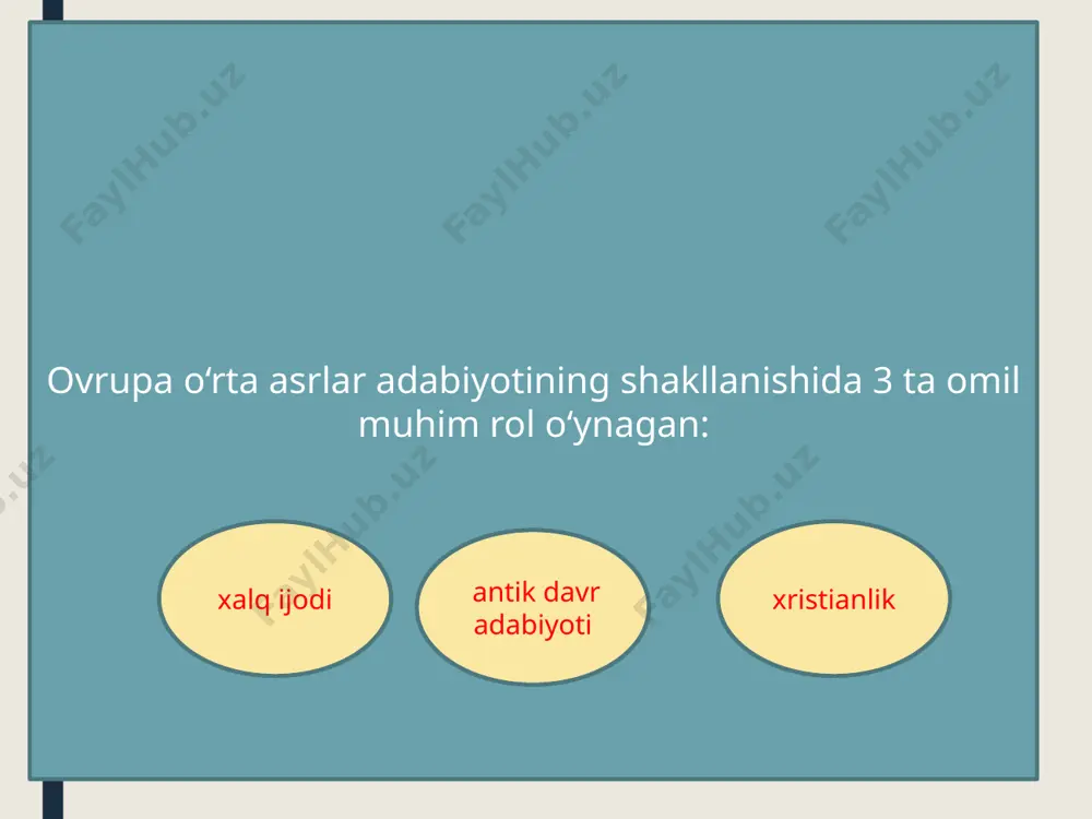 n omillarni ayting? 2. o‘rta asrlar adabiyoti qanday davrlarga bo‘linadi? 3. kelt eposi qanday xususiyatlarga ega? 4. “beovulf” dostonining asosiy xususiyatlari. 5. “roland haqida qo‘shiq” dostoni qahramonlik eposining namunasi sifatida. 6. ovrupa xalqlari qaxramonlik eposi va “alpomish” dostoni o‘rtasidagi umumiy va o‘ziga xosliklar haqida ma’lumot bering. 7. ritsarlik poeziyasining paydo bo‘lish asoslari va asosiy janrlari? 8. kurtuaz-ritsarlik romanlari qanday turkumlavrga bo‘linadi? 9. fablio – shahar adabiyotining xarakterli janri sifatida. e’tiboringiz uchun rahmat! 1 4 3 2 image1.jpeg image2.jpeg image3.jpeg image4.jpeg image5.png image6.png image7.png image8.png /docprops/thumbnail.jpeg