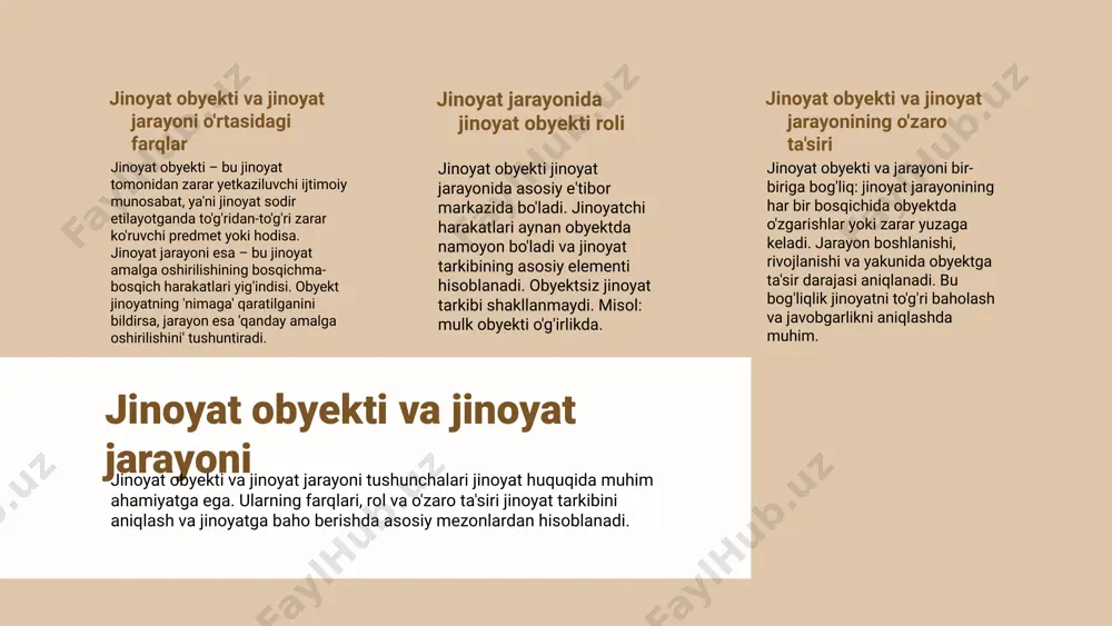iyat. jinoyat sub’ekti – jinoyat sodir etgan shaxs. jinoyat predmeti – jinoyat vositasi yoki nishoni. masalan, o‘g‘irlikda mol-mulk jinoyat obyekti, o‘g‘ri – sub’ekt, o‘g‘irlangan narsa – predmet. shu tarzda huquqiy atamalar o‘zaro farqlanadi. photo by mwangi gatheca on unsplash jinoyat obyekti va jinoyat jarayoni jinoyat obyekti va uning roli jinoyat obyekti – bu jinoyat orqali zarar yetkaziladigan jamiyatdagi muhim ijtimoiy qadriyat. masalan, o‘g‘irlikda mol-mulk, bezorilikda esa fuqarolarning xavfsizligi jinoyat obyekti bo‘ladi. jinoyat obyekti jinoyatning asosiy elementidir. jinoyat jarayonida jinoyat obyekti jinoyat jarayonida jinoyat obyekti harakatning maqsadi va yo‘nalishini belgilaydi. jinoyatning har bir bosqichida obyektdan foydalanish yoki unga ta’sir qilish jinoyatning tug‘ilishiga sabab bo‘ladi. obyekt turiga qarab jinoyat turlari farqlanadi. jinoyat obyekti va jinoyat jarayonining o‘zaro aloqasi jinoyat obyekti va jarayon o‘zaro bog‘liq: obyektga yetkazilgan zarar jinoyat jarayonining asosiy natijasini tashkil etadi. jinoyat turlari va jarayon bosqichlari obyekt xususiyatiga bog‘liq holda shakllanadi. photo by léonard cotte on unsplash photo by sawyer …