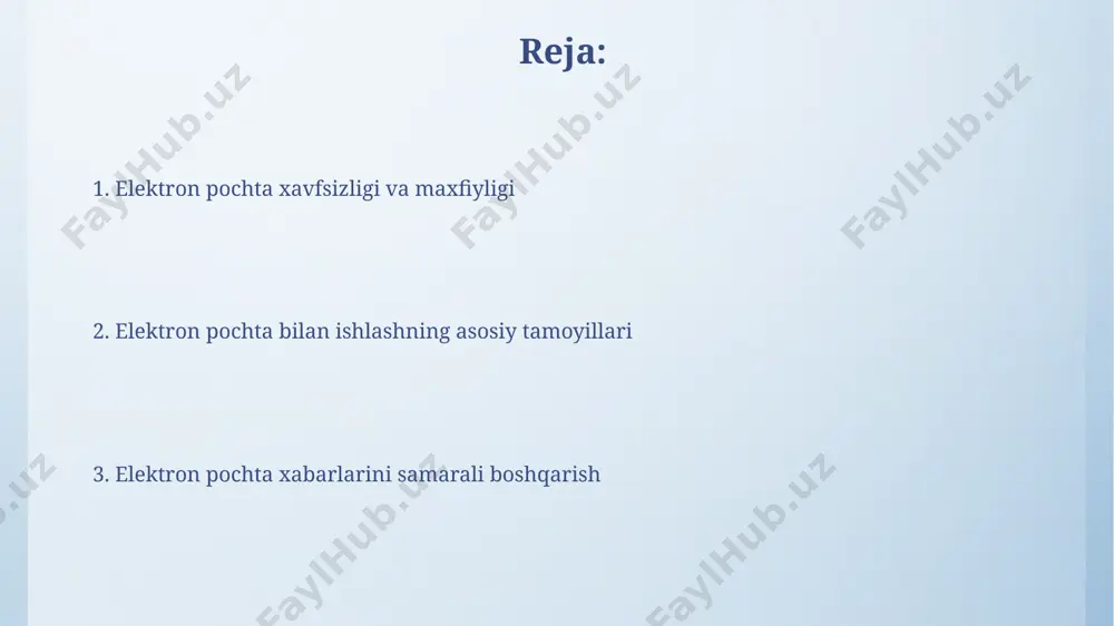 hta imkoniyatlaridan, masalan, avtomatik javob berish funksiyasi yoki prioritetli pochta qutisi kabi vositalardan foydalanish kunlik ishlaringizni 30% ga optimallashtiradi. elektron pochta qutisini muntazam ravishda tozalab, keraksiz xabarlarni o'chirib tashlash orqali, qidiruv tezligini 20% ga va yuklanish vaqtini 15% ga qisqartirishingiz mumkin. elektron pochta arxivi va saqlash elektron pochta arxivi, ma’lumotlarni 7 yildan ortiq saqlashni talab qiladigan kompaniyalar uchun, huquqiy muvofiqlikni ta’minlashda muhim rol o’ynaydi va gdpr kabi qoidalarga rioya qilishni osonlashtiradi. samarali elektron pochta arxivi tizimi, 10000 dan ortiq xabarlarni tez va samarali qidirish imkonini beradi, shuningdek, xavfsizlik va ma’lumotlarning yaxlitligini ta’minlaydi. elektron pochta yorliqlarini qo'llash turli rangdagi yorliqlarni qo'llash orqali, masalan, qizil – shoshilinch, yashil – muhim bo'lmagan xabarlarni ajratib, 20% ga ko'proq ish unumdorligini oshirish mumkin. elektron pochta yorliqlaridan foydalanib, 5000 dan ortiq xabarlarni 10 tagacha turli toifalarga, masalan, "muhim", "loyihalar", "shaxsiy" kabi yorliqlar bilan samarali tartibga solish mumkin. elektron pochta manzillarini boshqarish "bcc" maydonidan foydalanib, 500 dan …