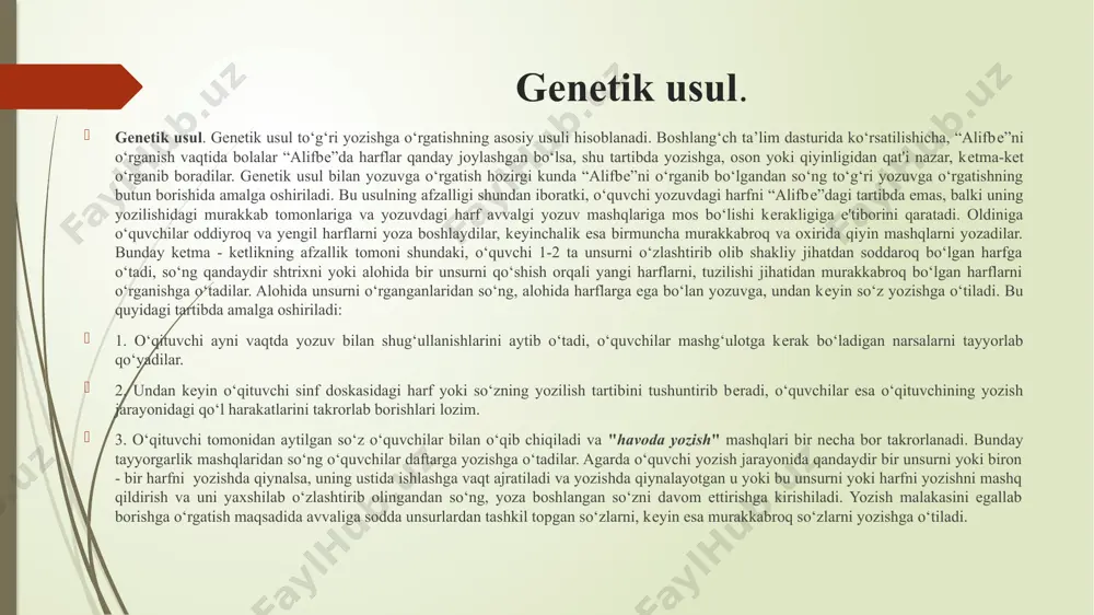 g‘lanishini ko‘rsatish vaqtida qayta-qayta takrorlash juda muhimdir. o‘qituvchi har bir harf va harflarning bog‘lanishini og‘zaki yoki doskada tushuntirish orqali, qo‘lni qayеrga qo‘yish kеrak, qayеrda qo‘l harakati buriladi, harflarning baland-pastligi qay darajada bo‘lishi kerakligini ko‘rsatmalar orqali tushuntirib bеradi. kеyinchalik o‘quvchi u yoki bu harfni o‘qituvchi bеrgan ko‘rsatmalar asosida tushunib yozadilar. namunaga qarab ko‘chirib yozish usuli. namunaga qarab ko‘chirib yozish usuli. bu usul eski usul bo‘lib, hozirgi kunda ham qimmatini yo‘qotmagan holda qo‘llanilmoqda. bu usulda o‘quvchilar harflarni “husnixat” kitobi, “husnixat” daftari yoki “yozuv daftari” dagi namunalarga qarab ko‘chirib yozadilar. namunaga qarab ko‘chirib yozish tayyor harflarning ustidan yozishga nisbatan ancha murakkab bo‘lib, ularning har ikkalasini qaysi vaqtda qo‘llashni o‘qituvchi yaxshi bilishi kеrak. “husnixat” darsligida yoki “yozuv daftari”da bеrilgan namunaga qarab yozdirish o‘qituvchining vaqtini tеjaydi, unumli ishlashga imkoniyat yaratadi. bunga erishish uchun barcha o‘quvchilar darslik bilan ta'minlangan bo‘lishlari zarur. nusxa ko‘chirish usuli nusxa ko‘chirish usuli (harf surati ustidan yozish). bu usulni harflar shaklini to‘g‘ri …